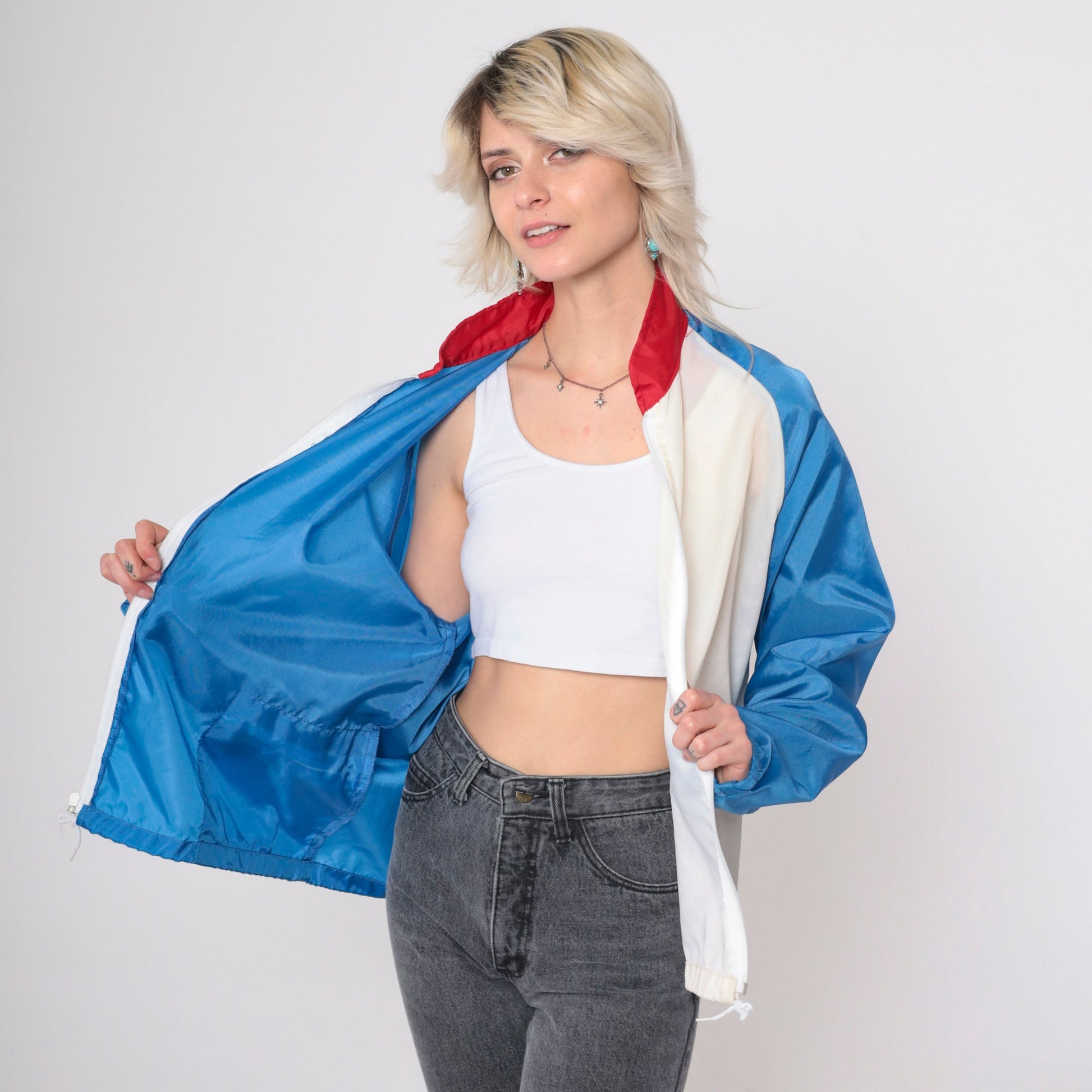 80s Baseball Windbreaker Jacket Blue White Colour Block Raglan Medium