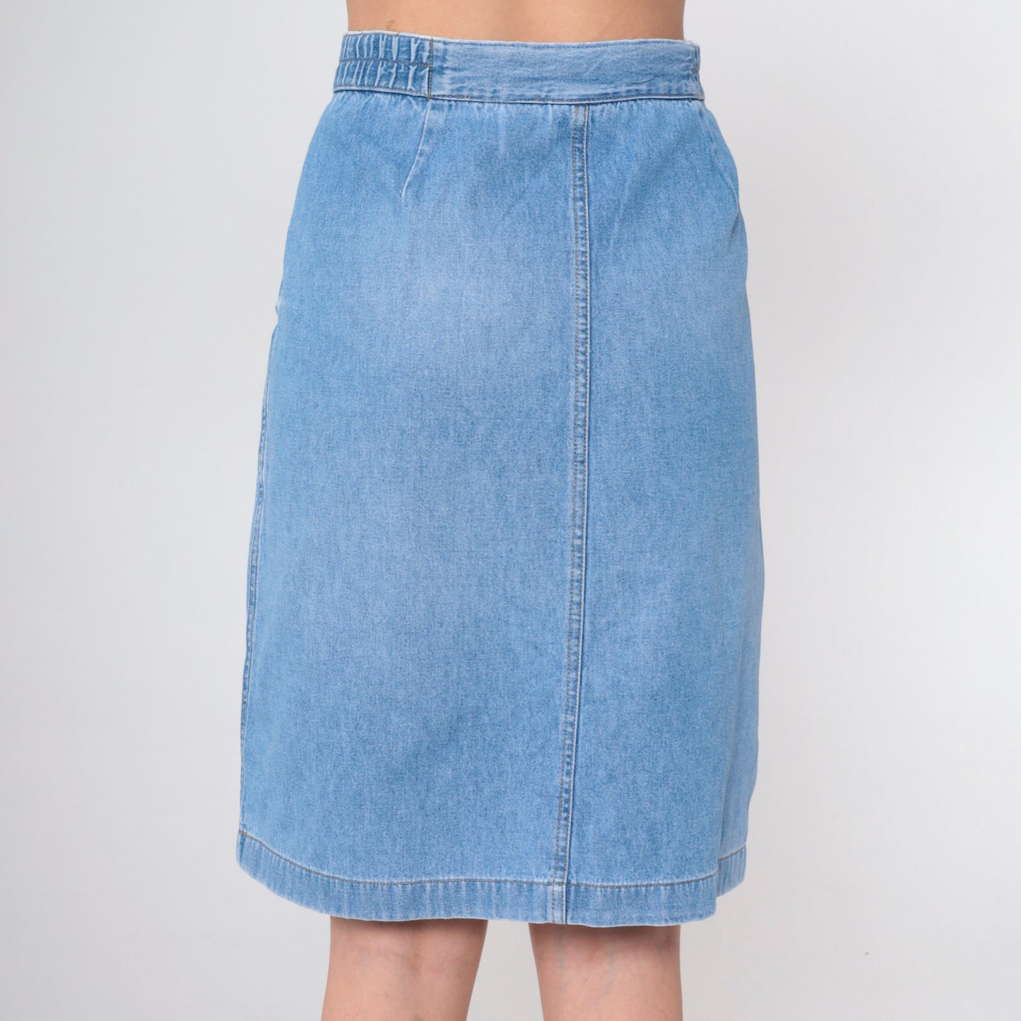 90s High-Waisted Denim Skirt Blue Knee-Length Patch Pocket Straight Large