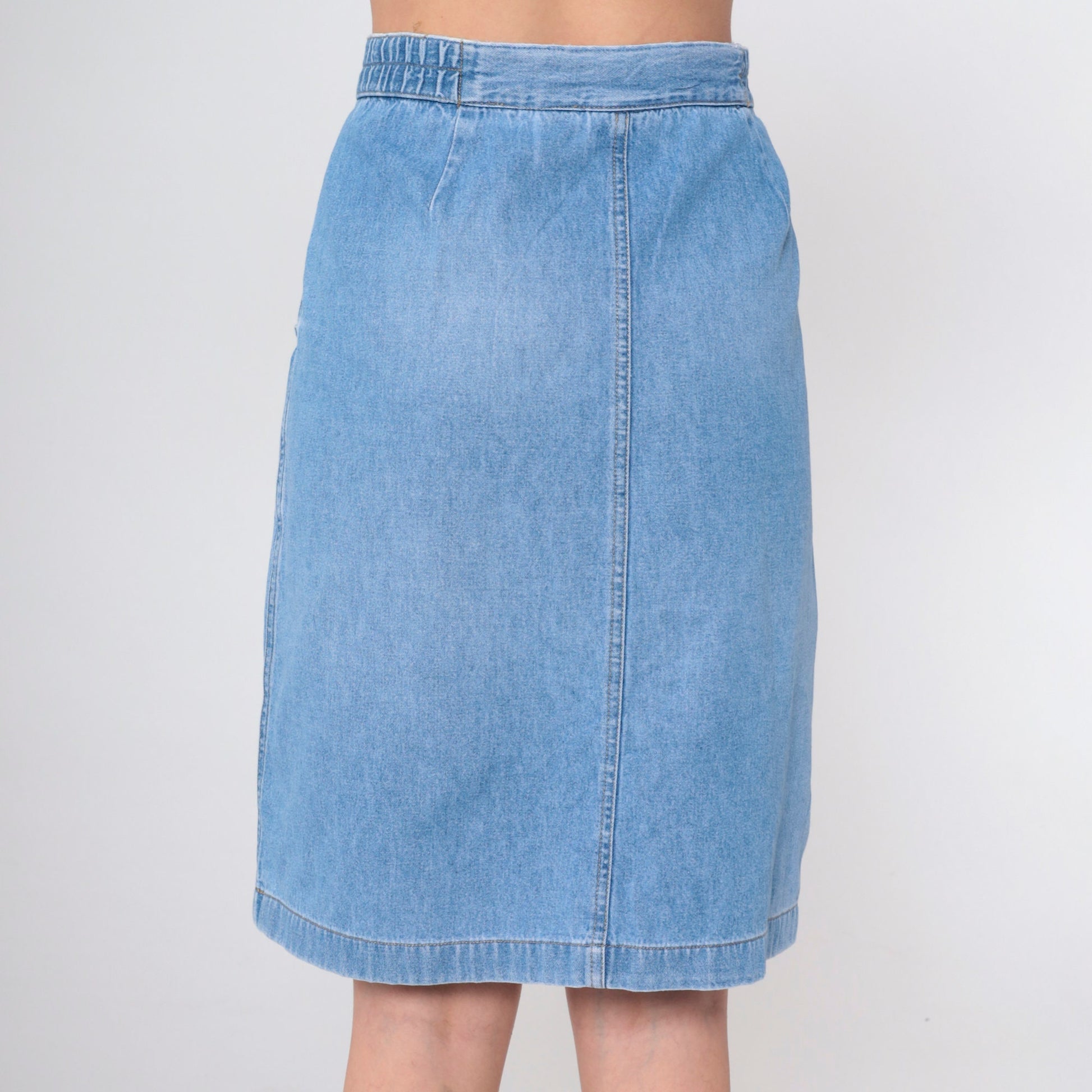 90s High-Waisted Denim Skirt Blue Knee-Length Patch Pocket Straight Large