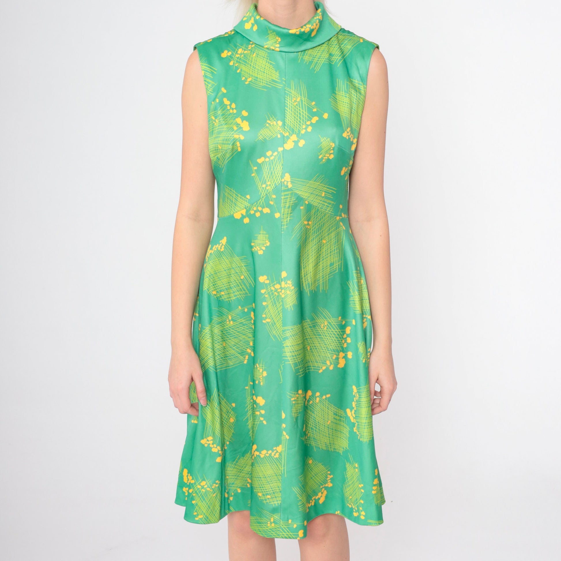 70s Emilio Borghese Abstract Floral Dress Green Mock Neck Midi Small Medium
