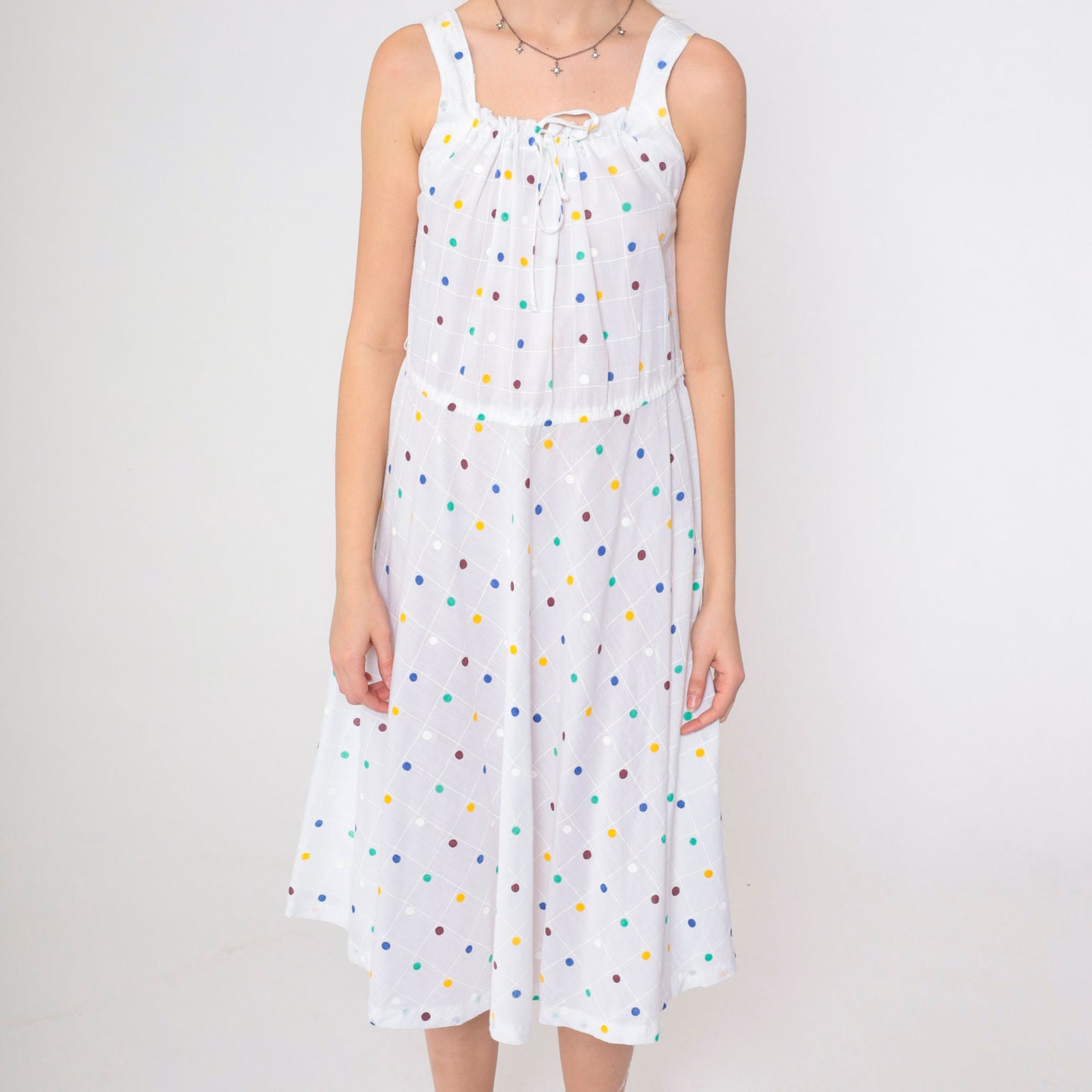 70s White Polka Dot Midi Dress Drawstring Neckline Sleeveless Medium