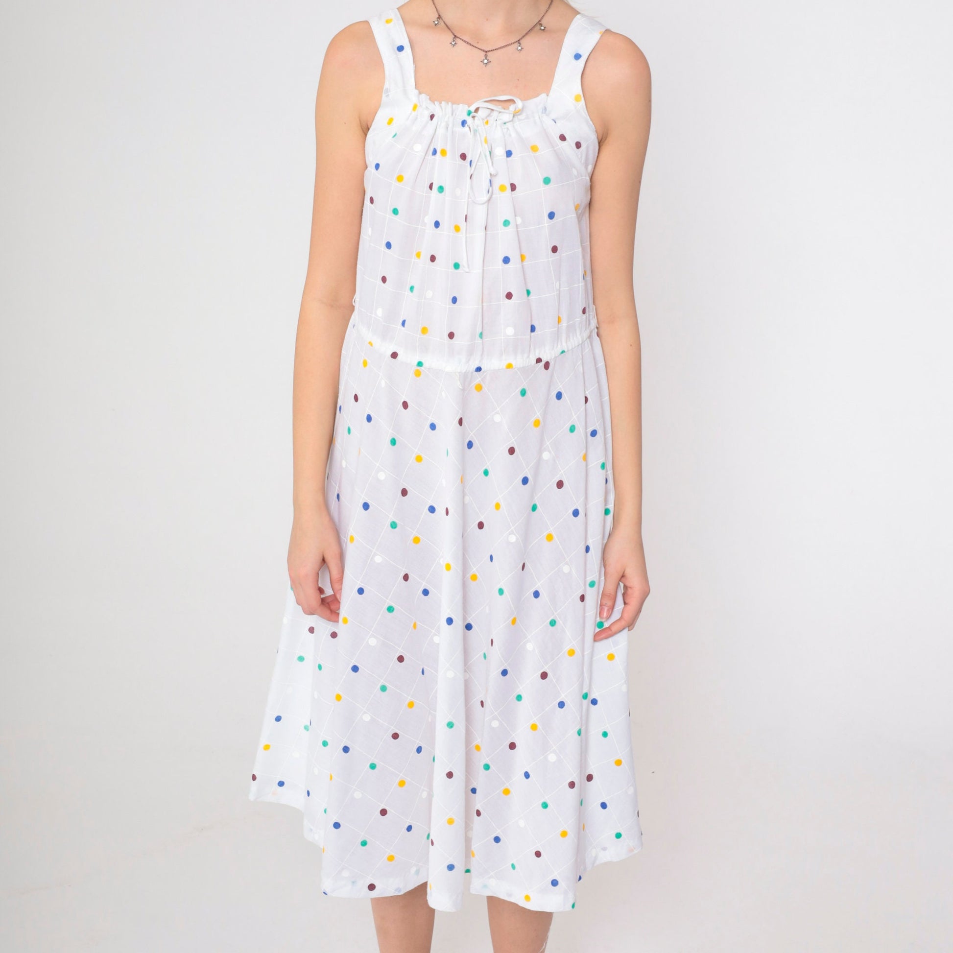 70s White Polka Dot Midi Dress Drawstring Neckline Sleeveless Medium