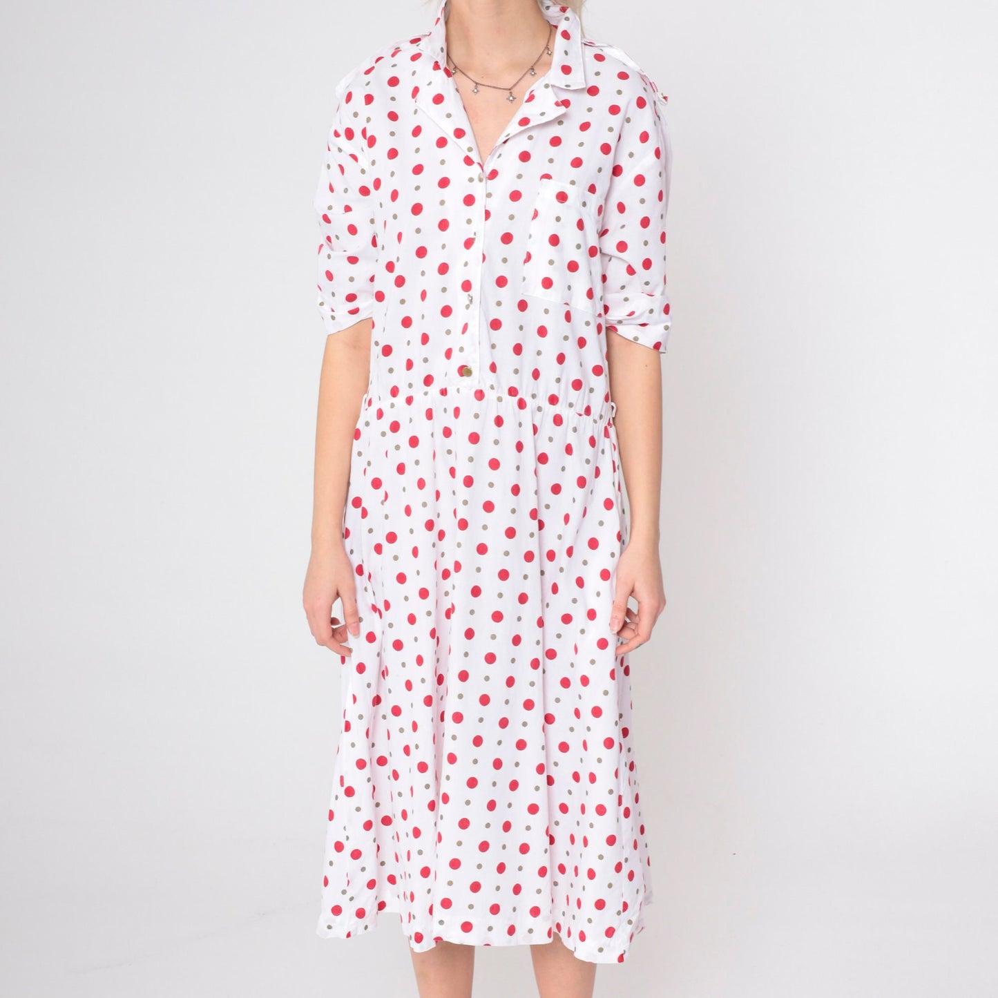 80s Polka Dot Button-Up Midi Dress White Red Short Sleeve Low Waist Medium