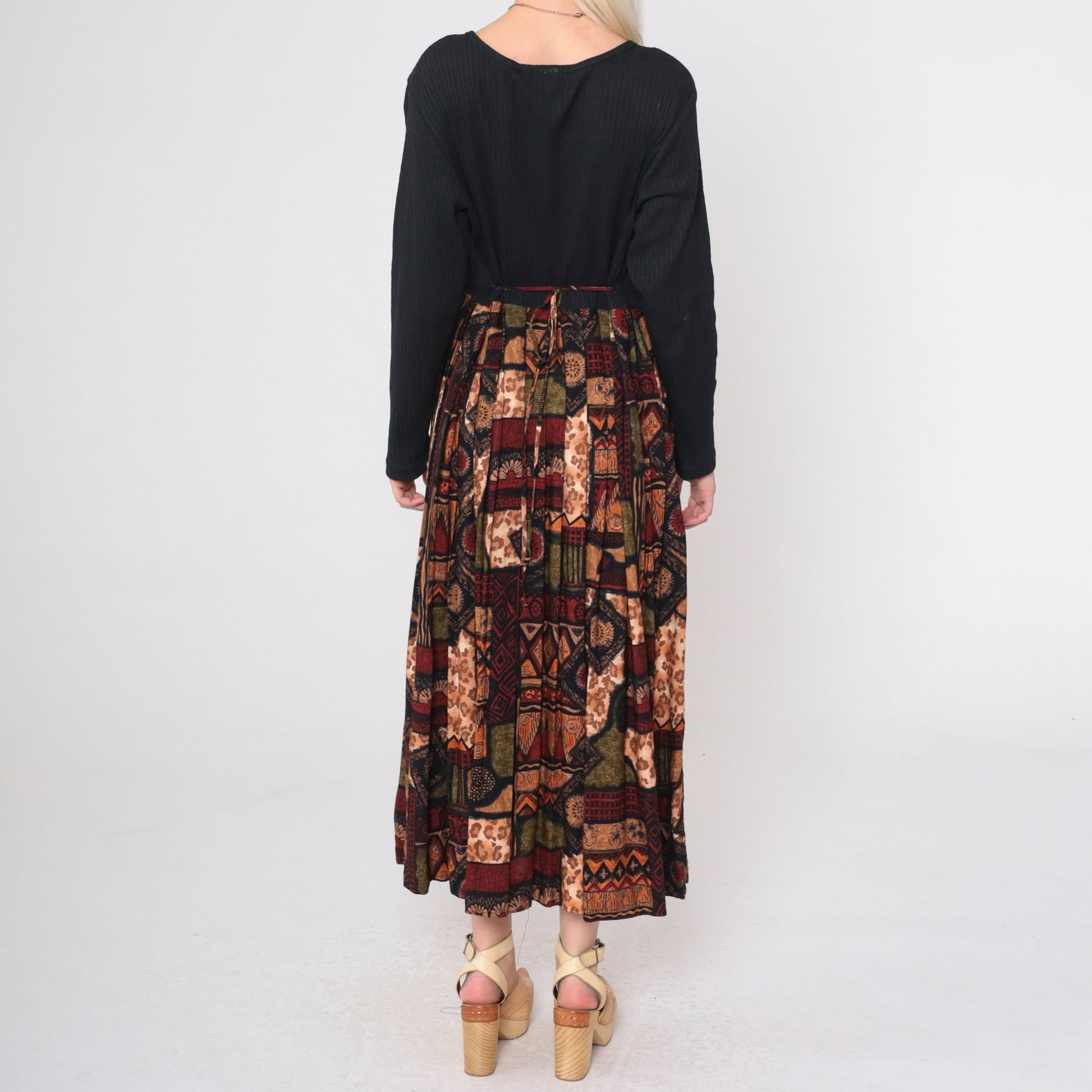 90s Diana Marco Geometric Animal Print Maxi Dress Black Long Sleeve Extra Large