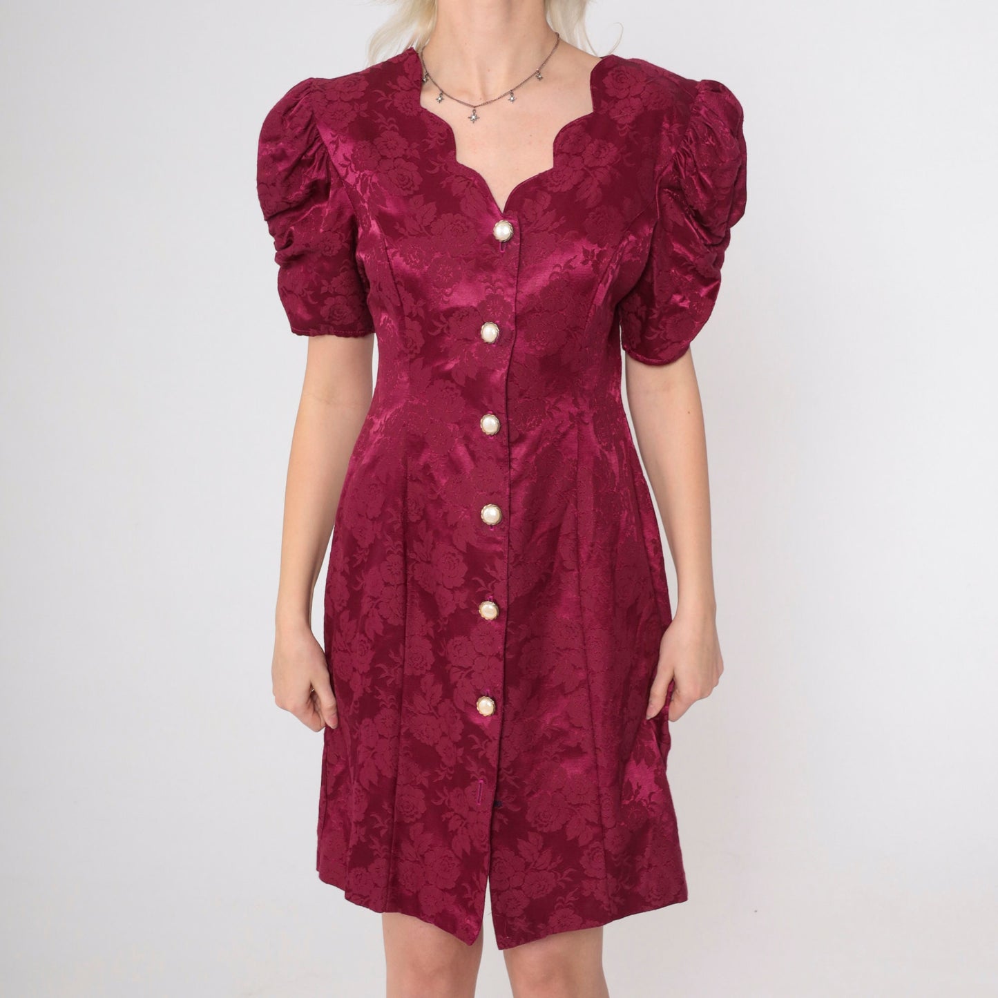 80s Burgundy Floral Brocade Mini Dress Pearl Buttons Puff Sleeve Medium