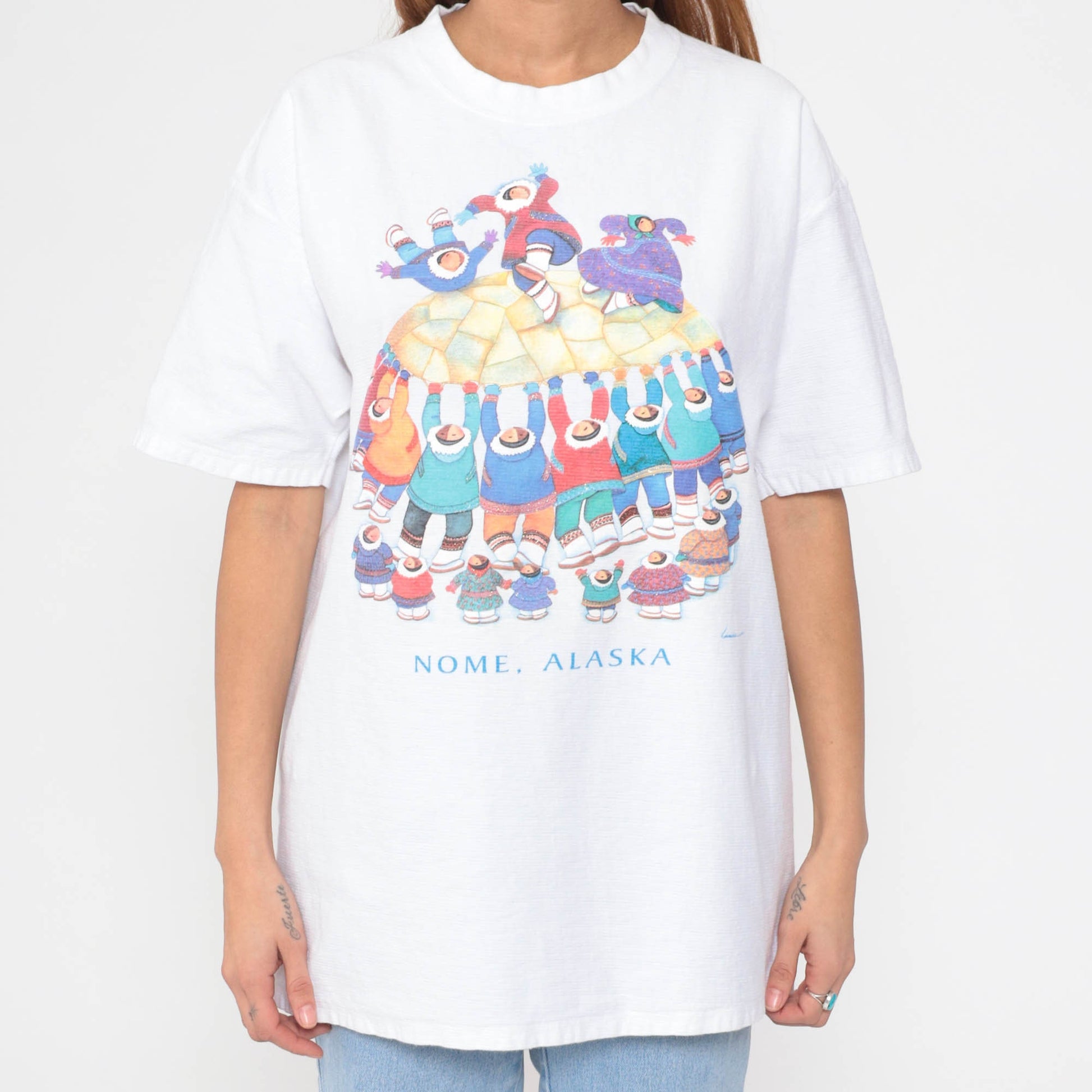 90s Nome Alaska Graphic T-Shirt Inuit Parachute Game White Glitter Extra Large