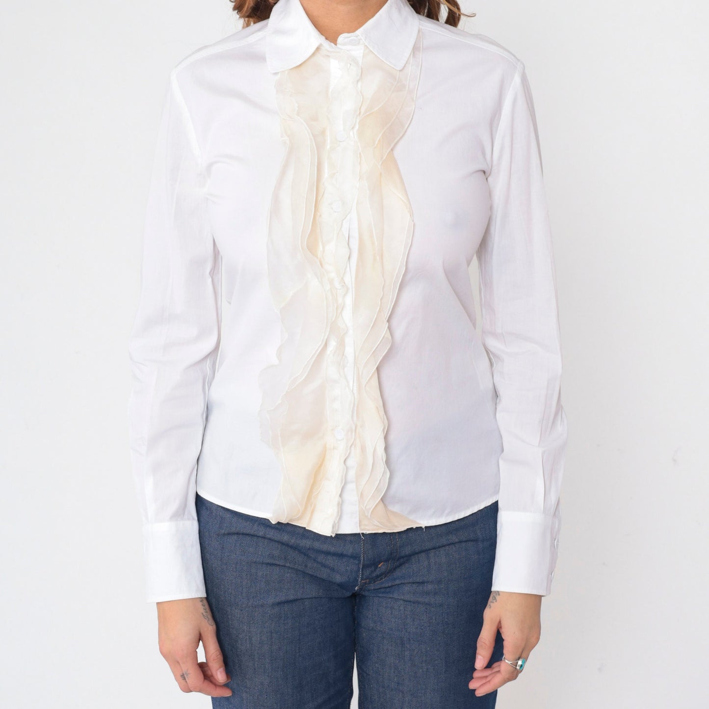 80s Valentino White Ruffled Tuxedo Blouse Long Sleeve Button Up Extra Small