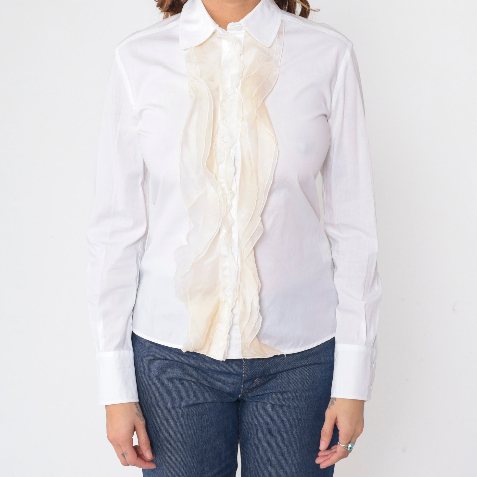 80s Valentino White Ruffled Tuxedo Blouse Long Sleeve Button Up Extra Small