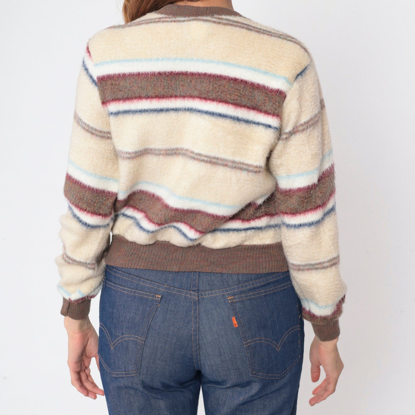 70s Striped Fleece V-Neck Sweatshirt Brown Cream Red Blue Large L
