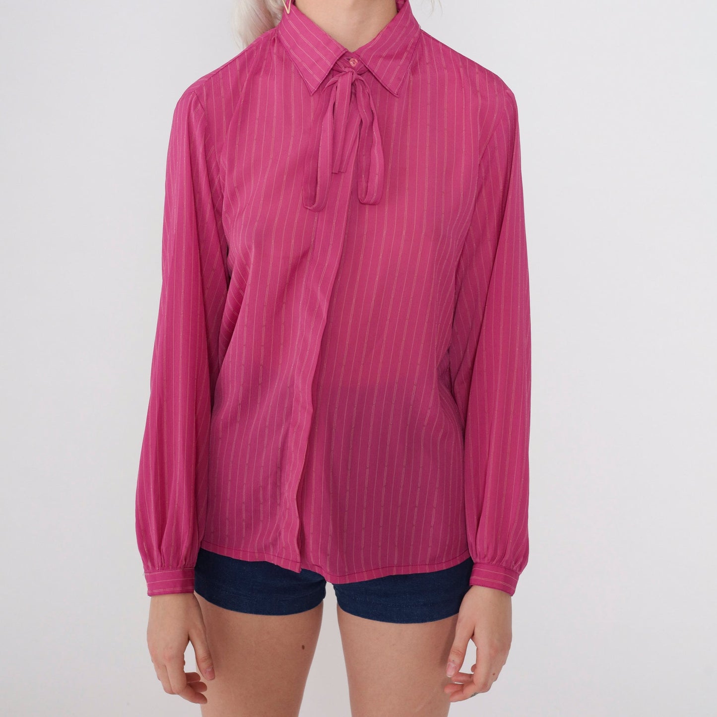 70s Deep Pink Striped Ascot Blouse Button-Up Long Sleeve Medium