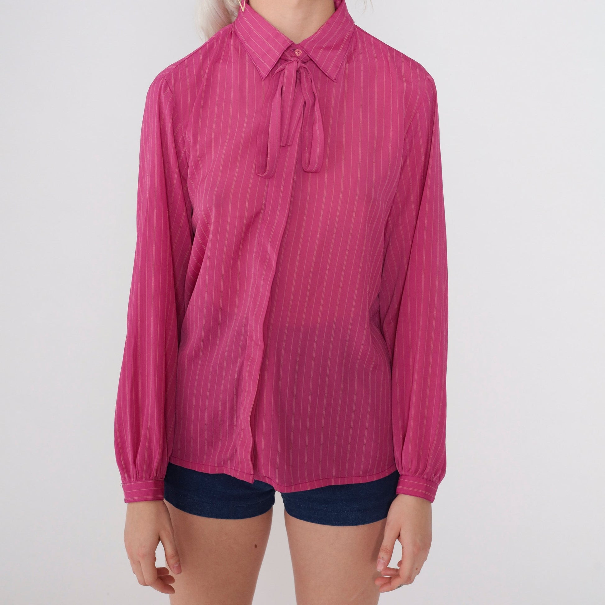 70s Deep Pink Striped Ascot Blouse Button-Up Long Sleeve Medium