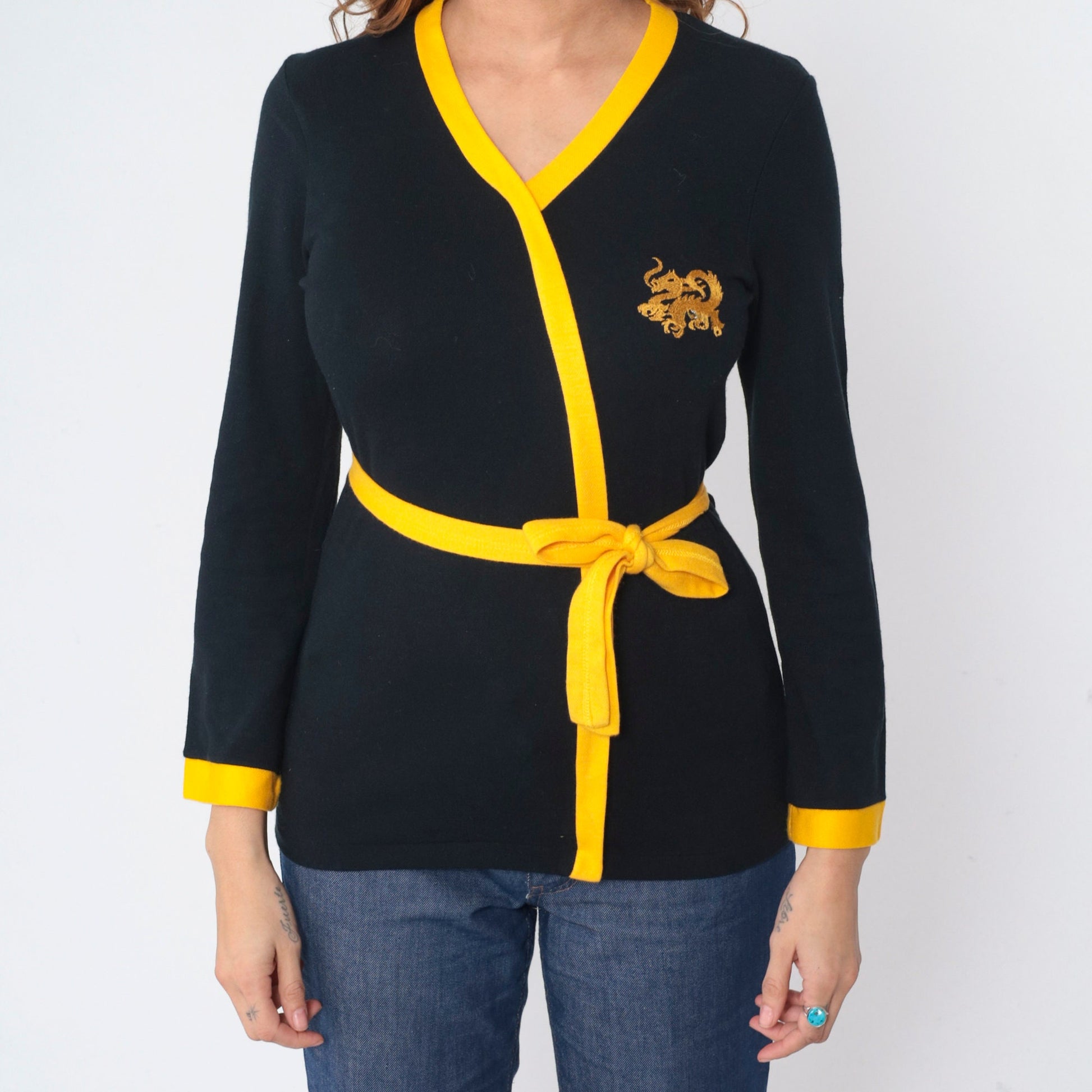 70s Black Knit Dragon Embroidered Wrap Top Yellow Trim Small S