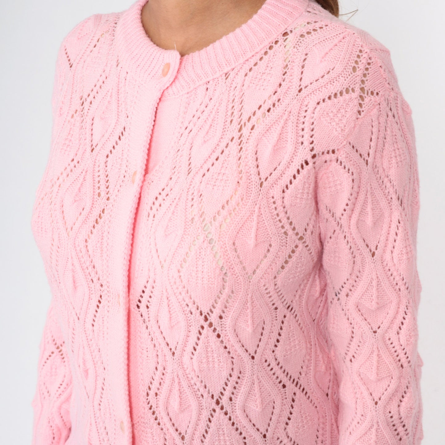 80s Baby Pink Pointelle Cardigan Button-Up Knit Sweater Scalloped Hem Medium M