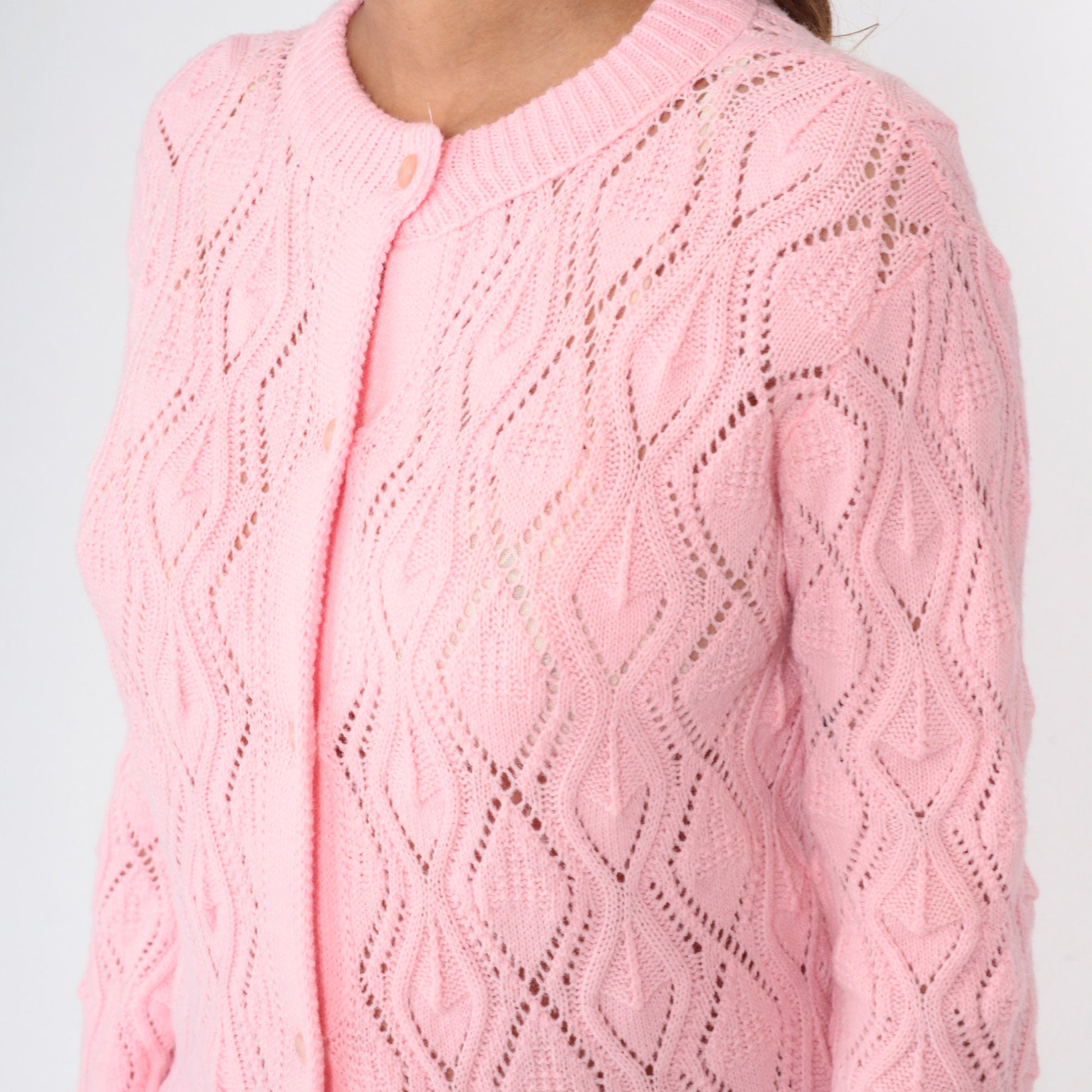 80s Baby Pink Pointelle Cardigan Button-Up Knit Sweater Scalloped Hem Medium M