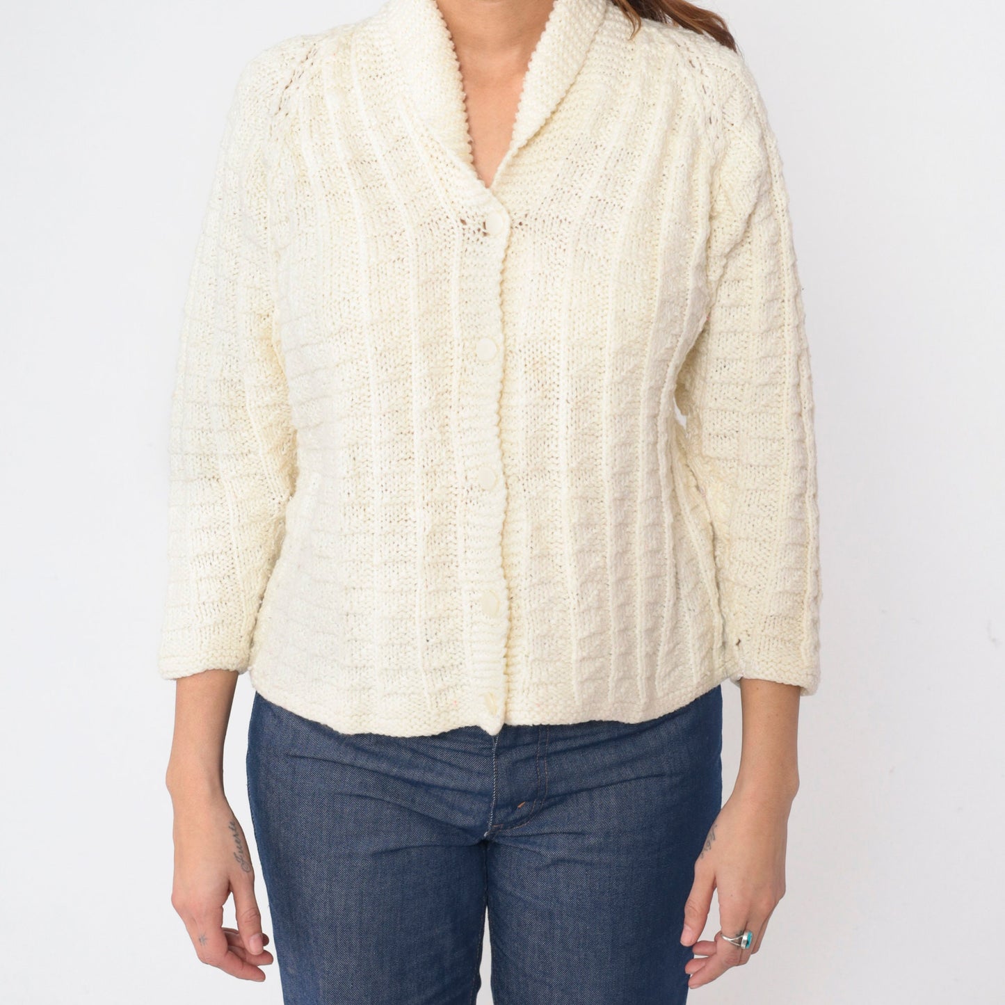 70s Cream Cardigan Shawl Collar Button-Up Knit Sweater Raglan Small S