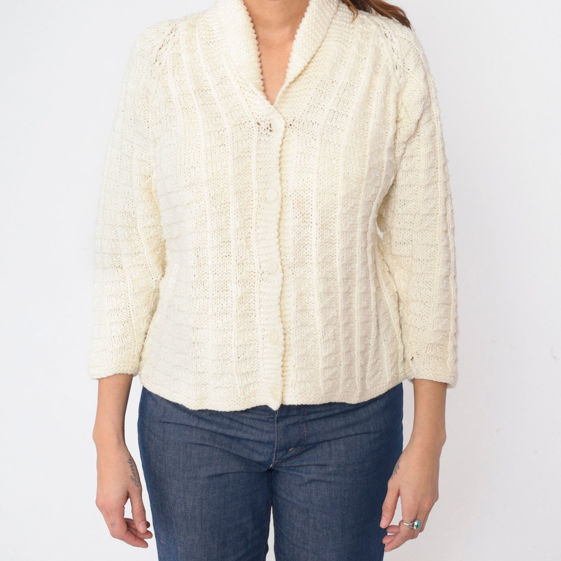 70s Cream Cardigan Shawl Collar Button-Up Knit Sweater Raglan Small S