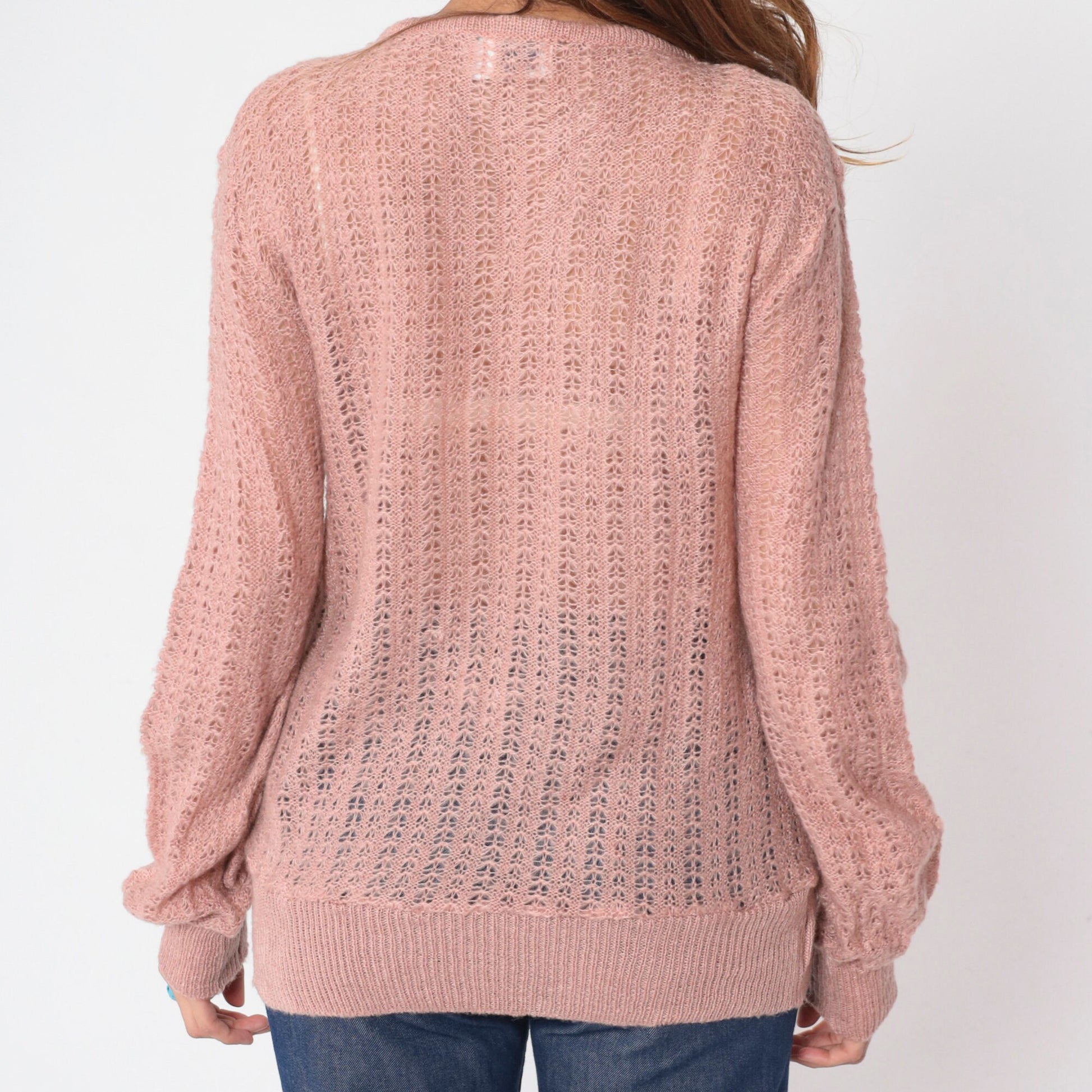 70s Dusty Pink Pointelle Knit Sweater Cutout Bow Tie Pullover Medium M