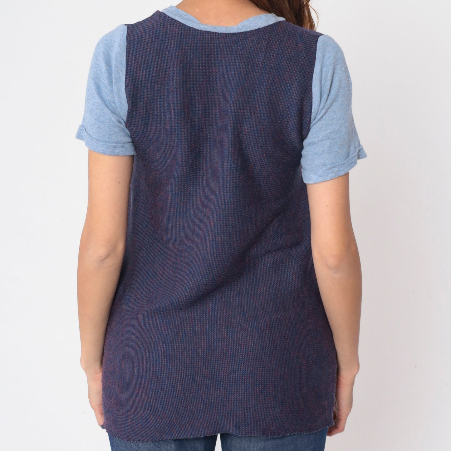 70s Ringer Tee Blue Waffle Knit Scoop Neck Cuffed Sleeve Small