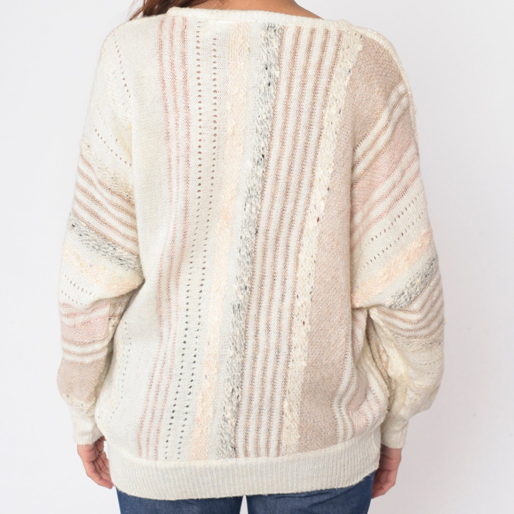90s Mariea Kim Beaded Floral Knit Sweater Cream Mixed Media Medium