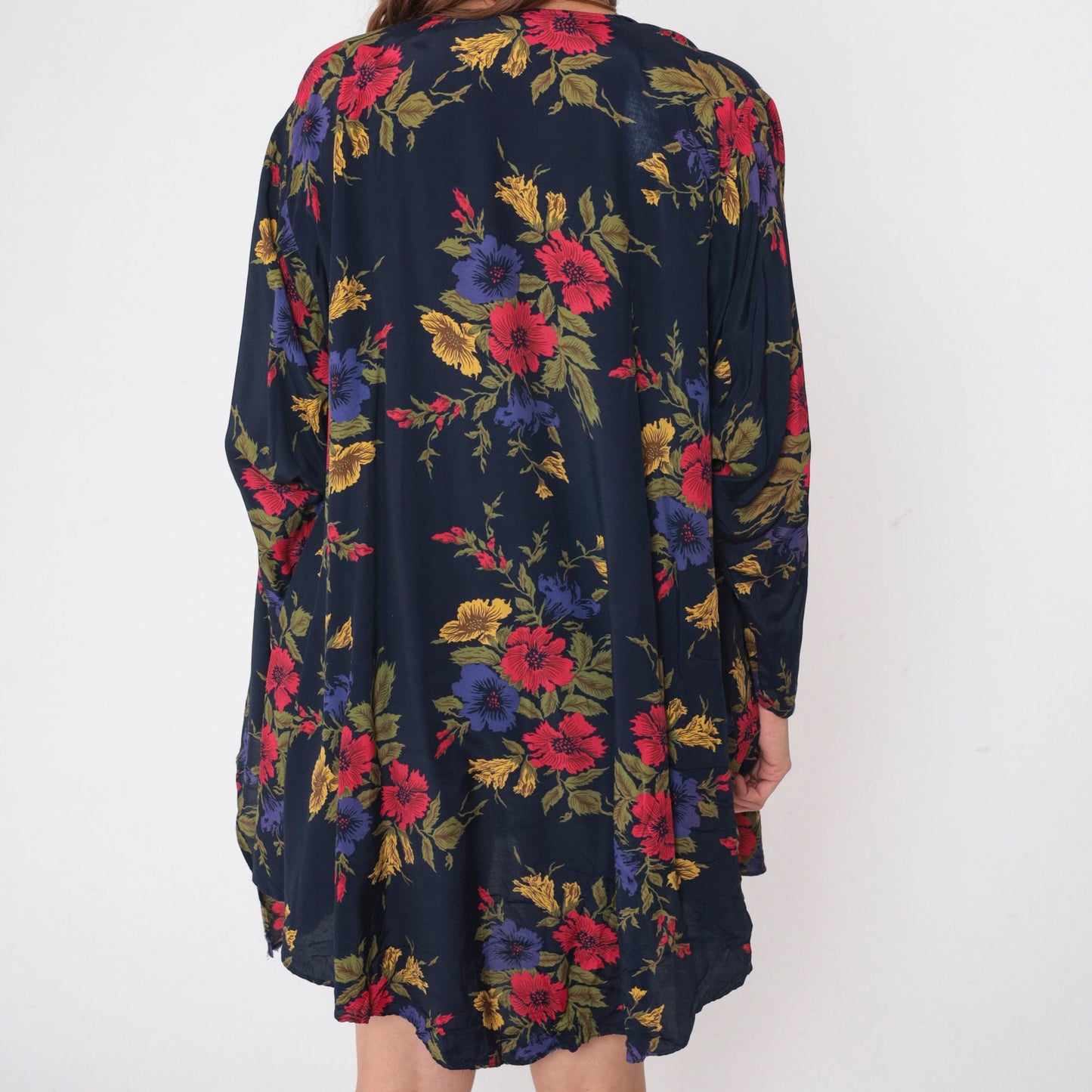 90s Navy Floral Open-Front Cardigan Jacket Waterfall Rayon Large