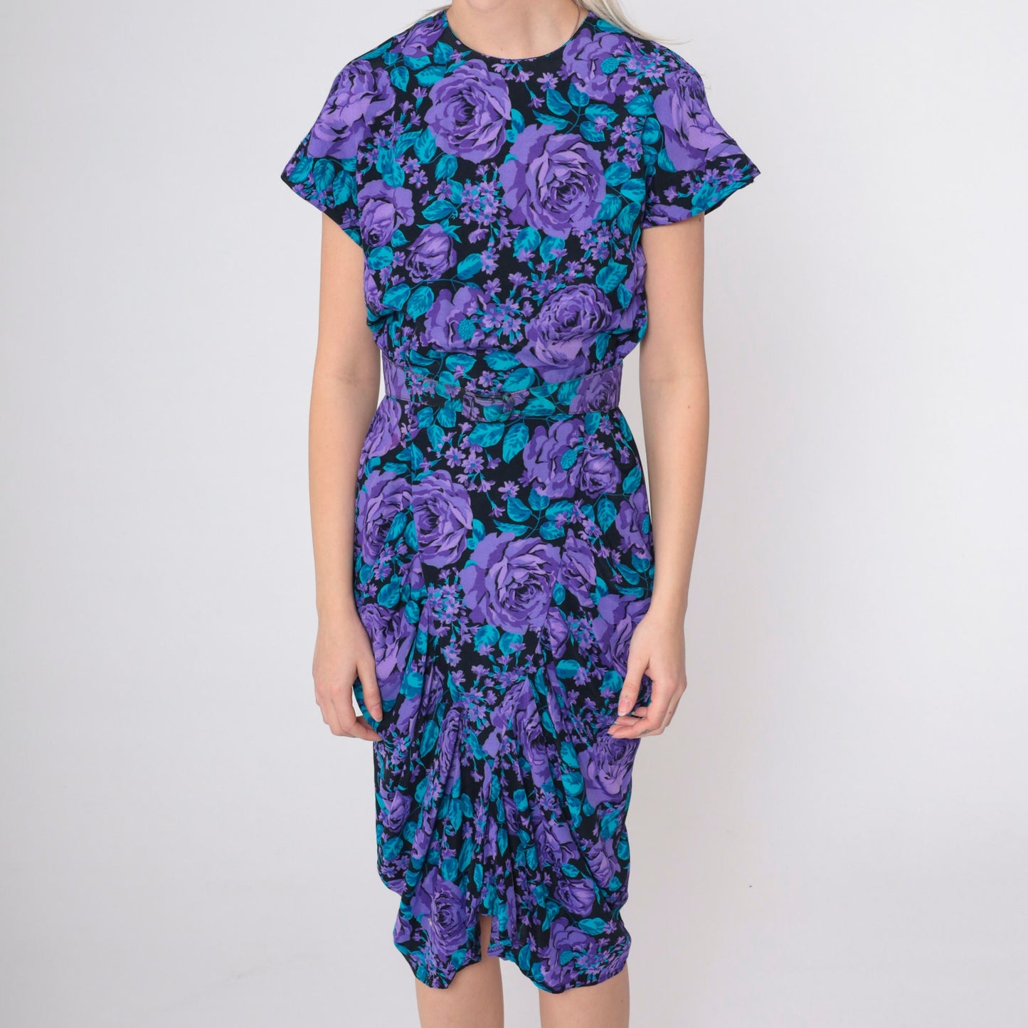90s All That Jazz Floral Sheath Dress Purple Rose Print Knee-Length Small