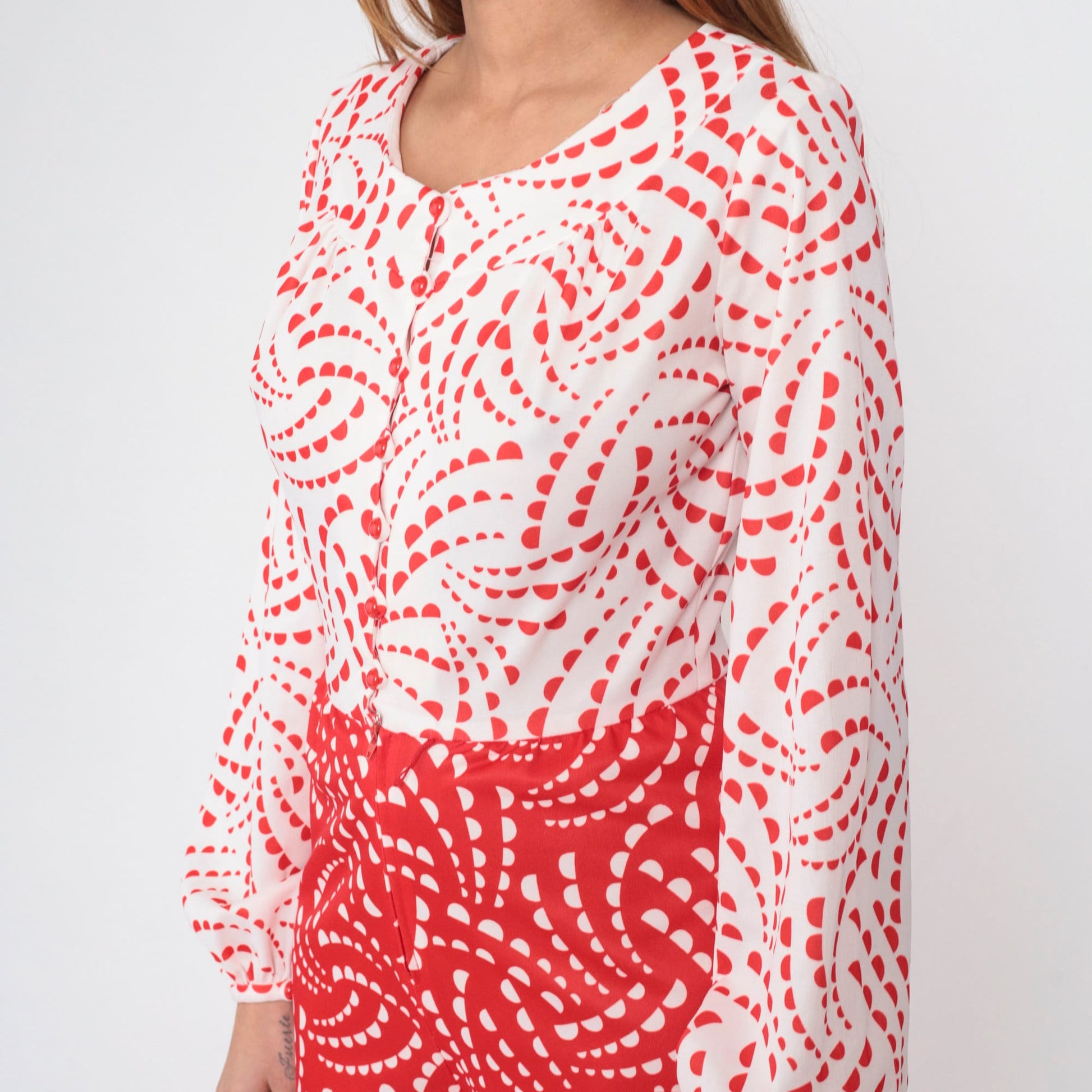 70s Toni Todd Jumpsuit Red White Geometric Wide Leg Button Up Small Medium
