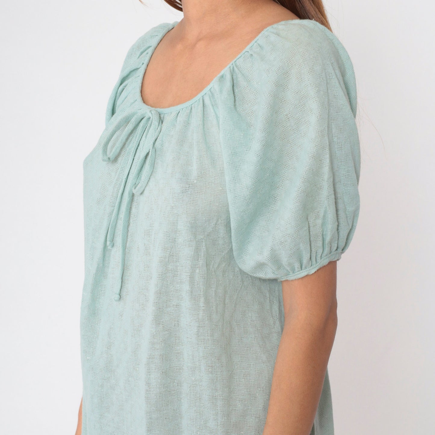 70s JC Penney Seafoam Shift Dress Bow Neck Midi Cotton Small