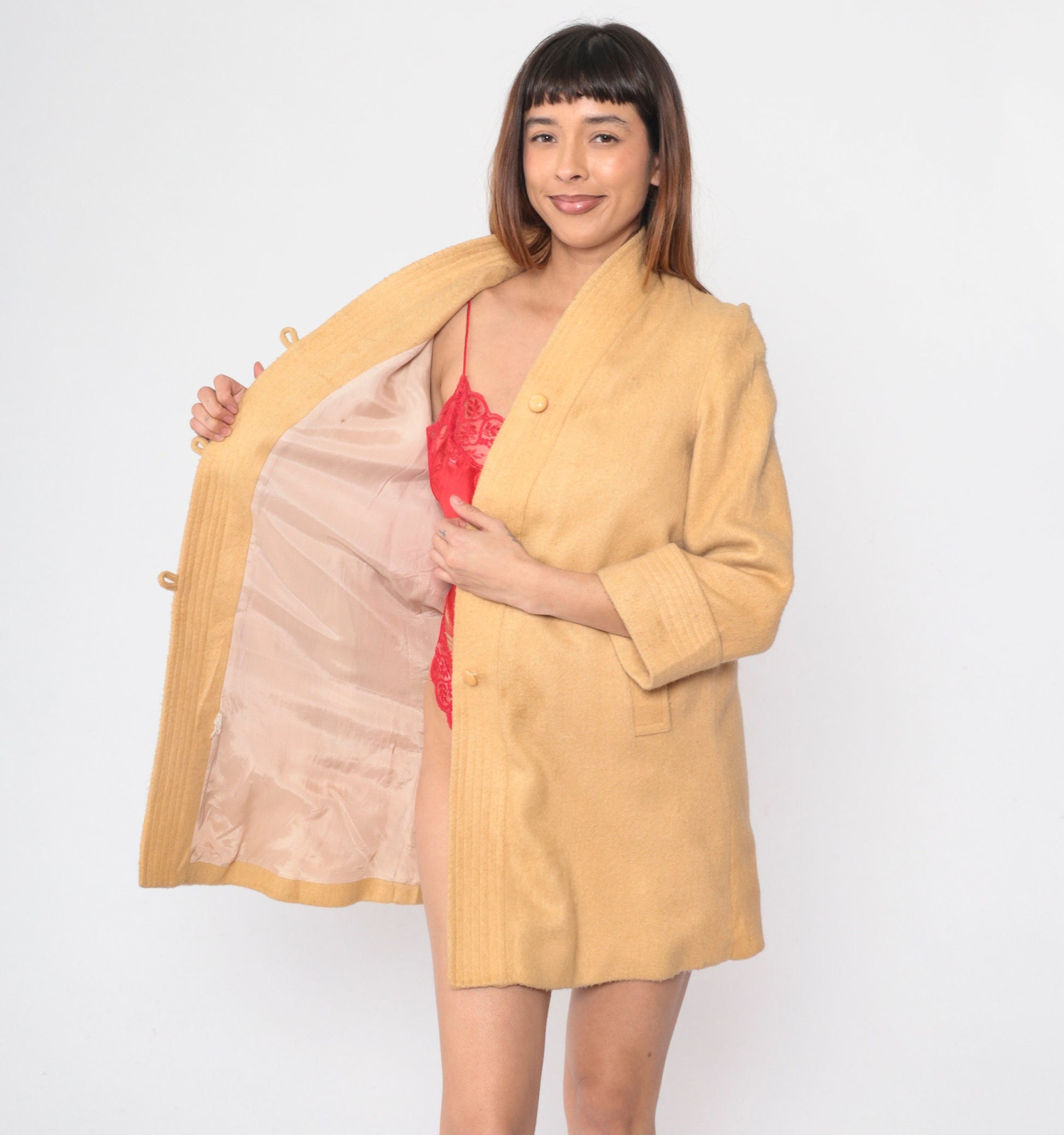 80s Mustard Wool Blend Jacket V-Neck Loop Button Set-In Sleeve Small