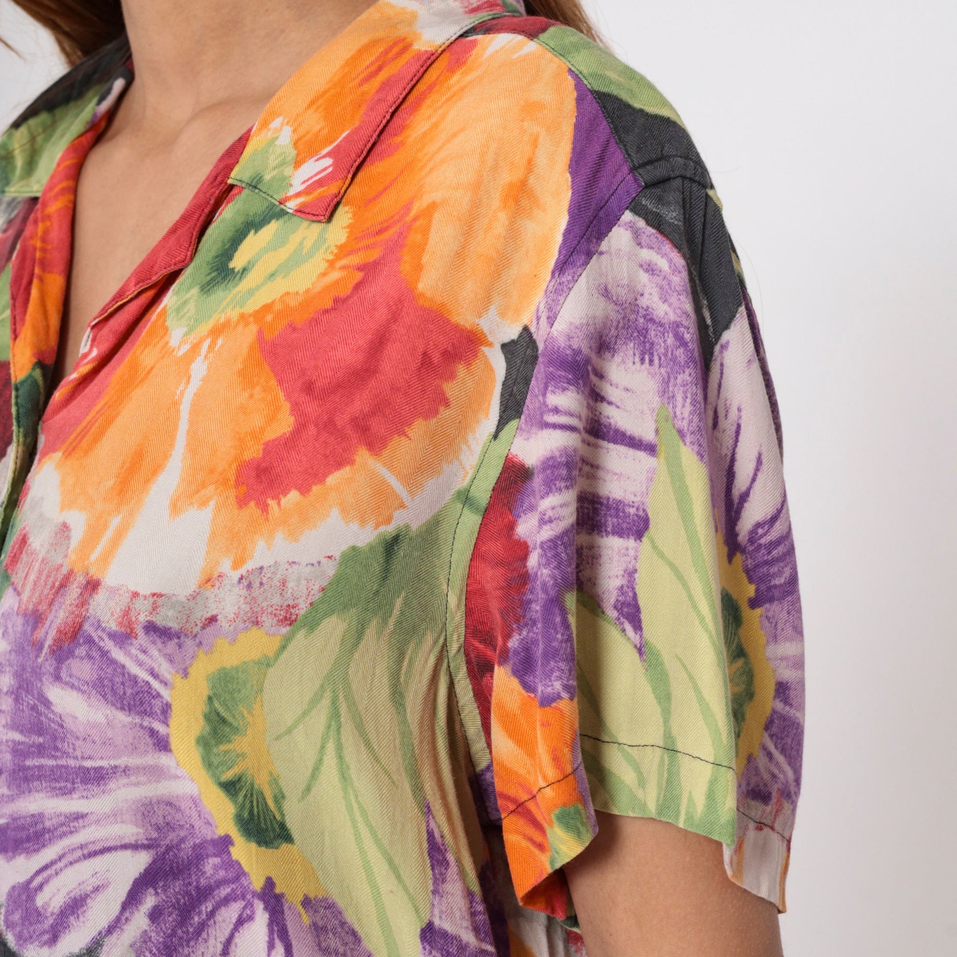 00s Caribbean Joe Silk Floral Button-Up Blouse Watercolor Print Extra Large