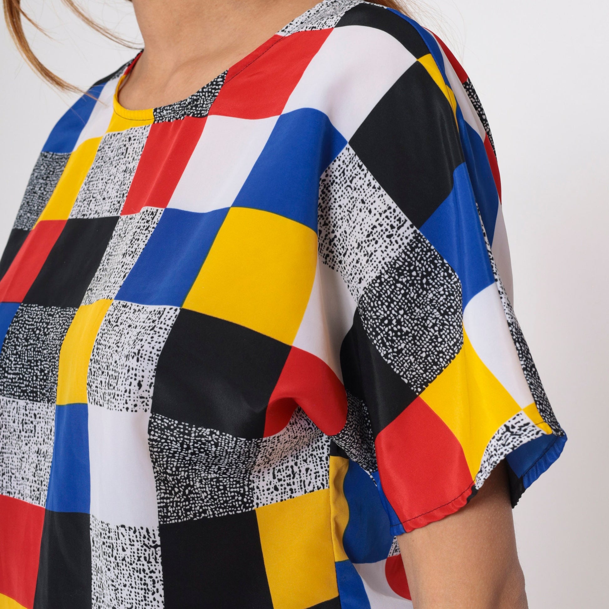 90s Color Block Blouse Primary Colours Black White Flecked Print Short Sleeve Small S