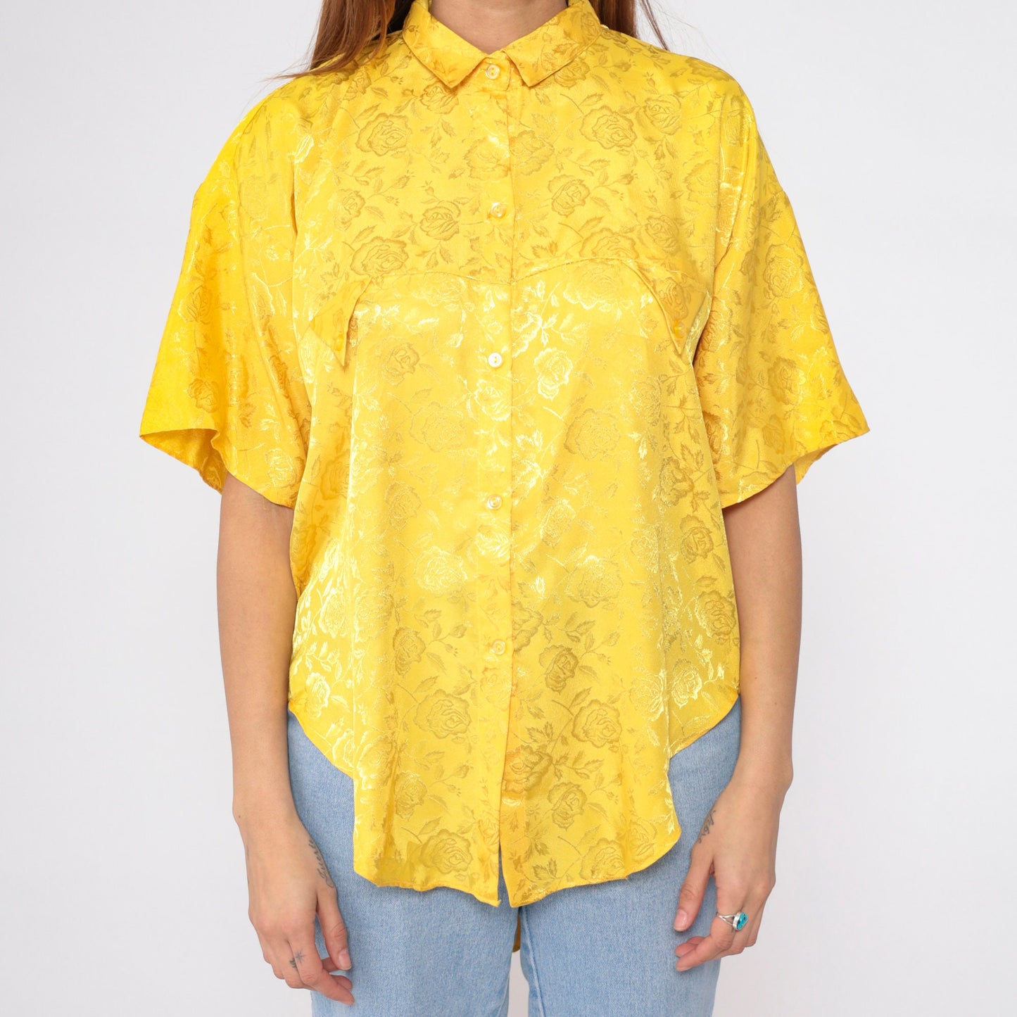 90s Angelus Yellow Floral Button-Up Blouse Embossed Short Sleeve Large