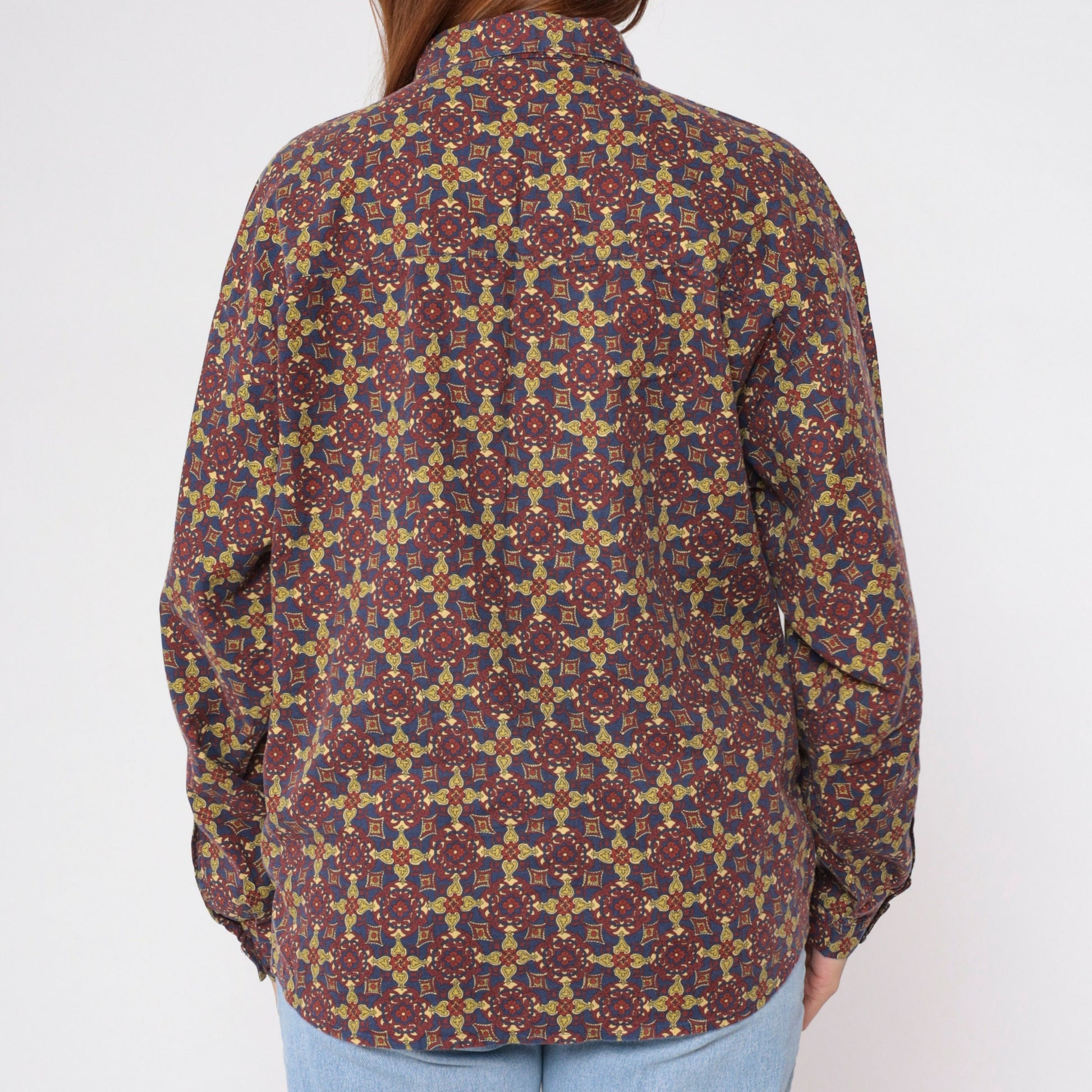 90s Van Heusen Geometric Floral Button-Up Blouse Long Sleeve Collared Shirt Large L