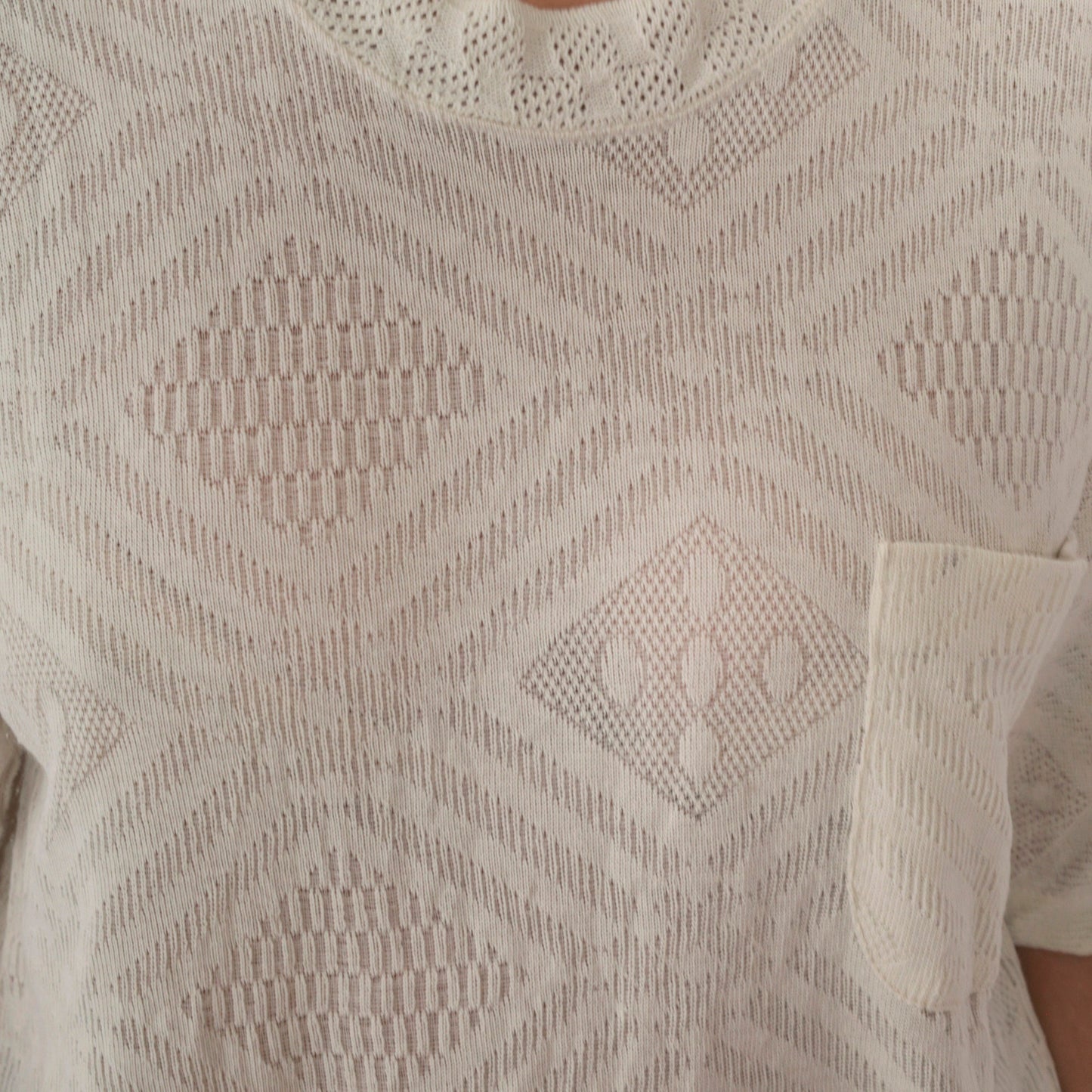 90s Black Hand Club Geometric Knit T-Shirt Off-White Chest Pocket Medium