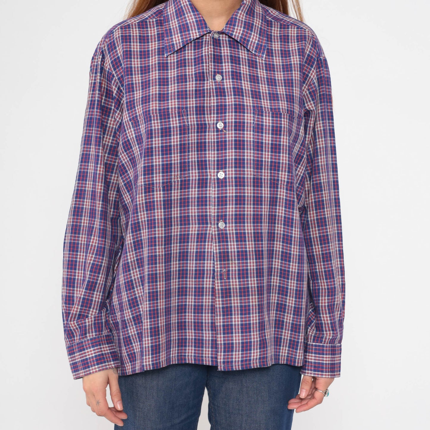 70s Plaid Button-Up Shirt Red Blue White Tartan Cotton Blend Large