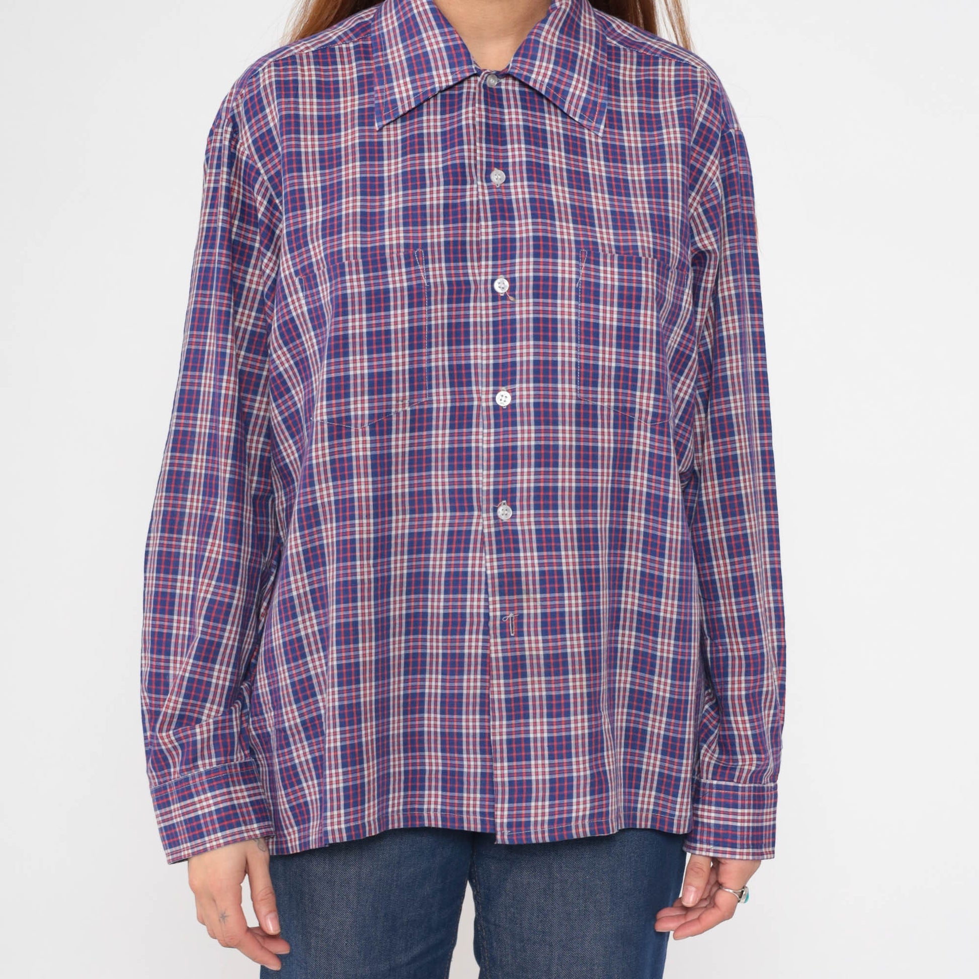70s Plaid Button-Up Shirt Red Blue White Tartan Cotton Blend Large