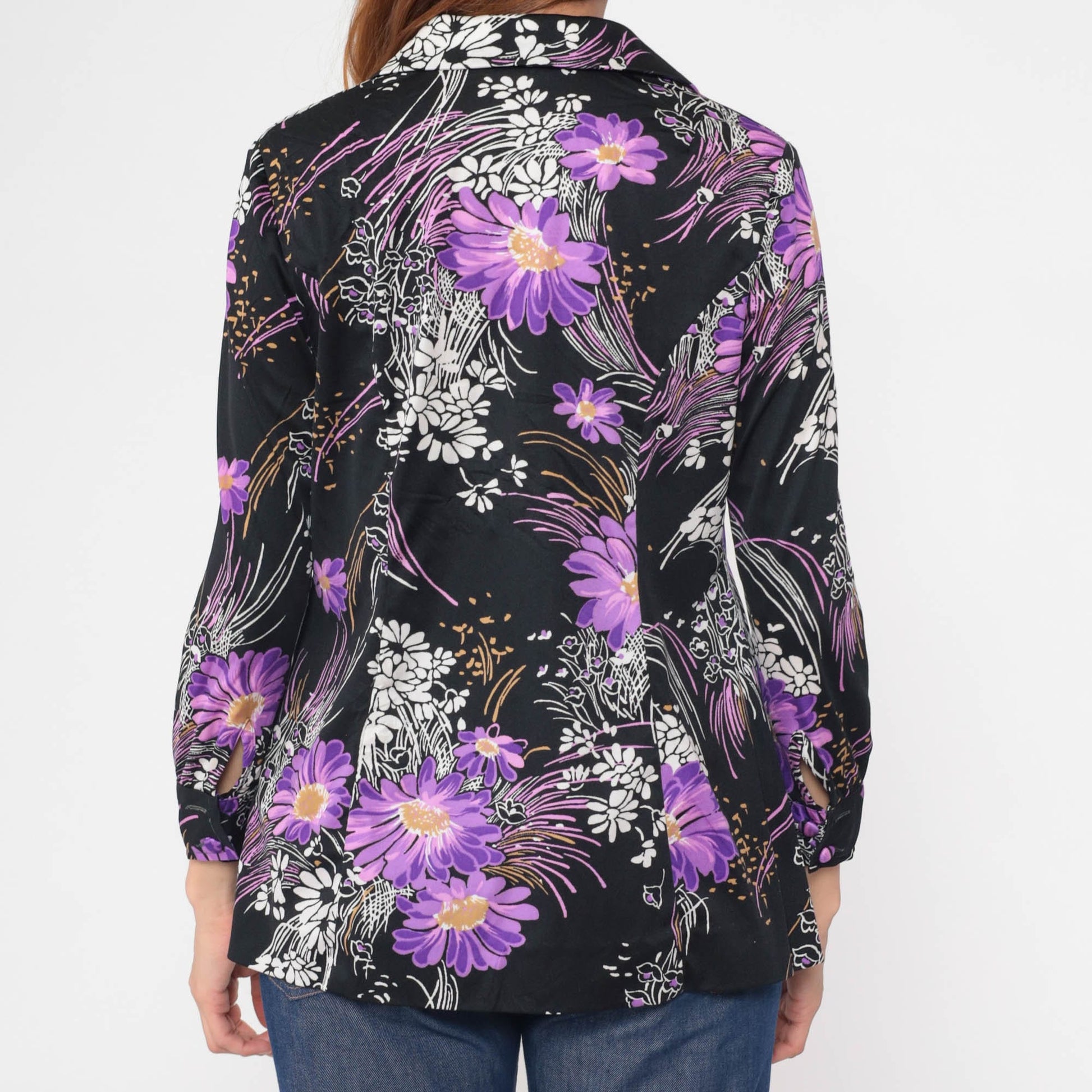 70s Floral Button-Up Blouse Black Purple Flower Print Dagger Collar Medium
