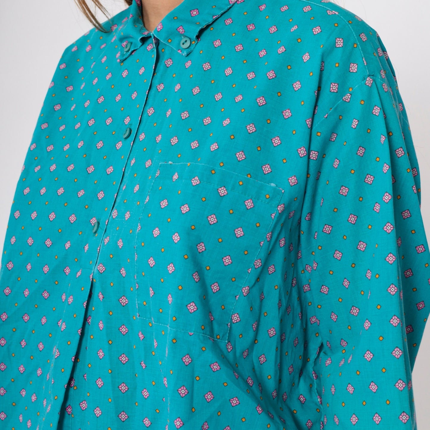 90s Geometric Floral Button-Up Blouse Turquoise Diamond Print Half Sleeve Large L
