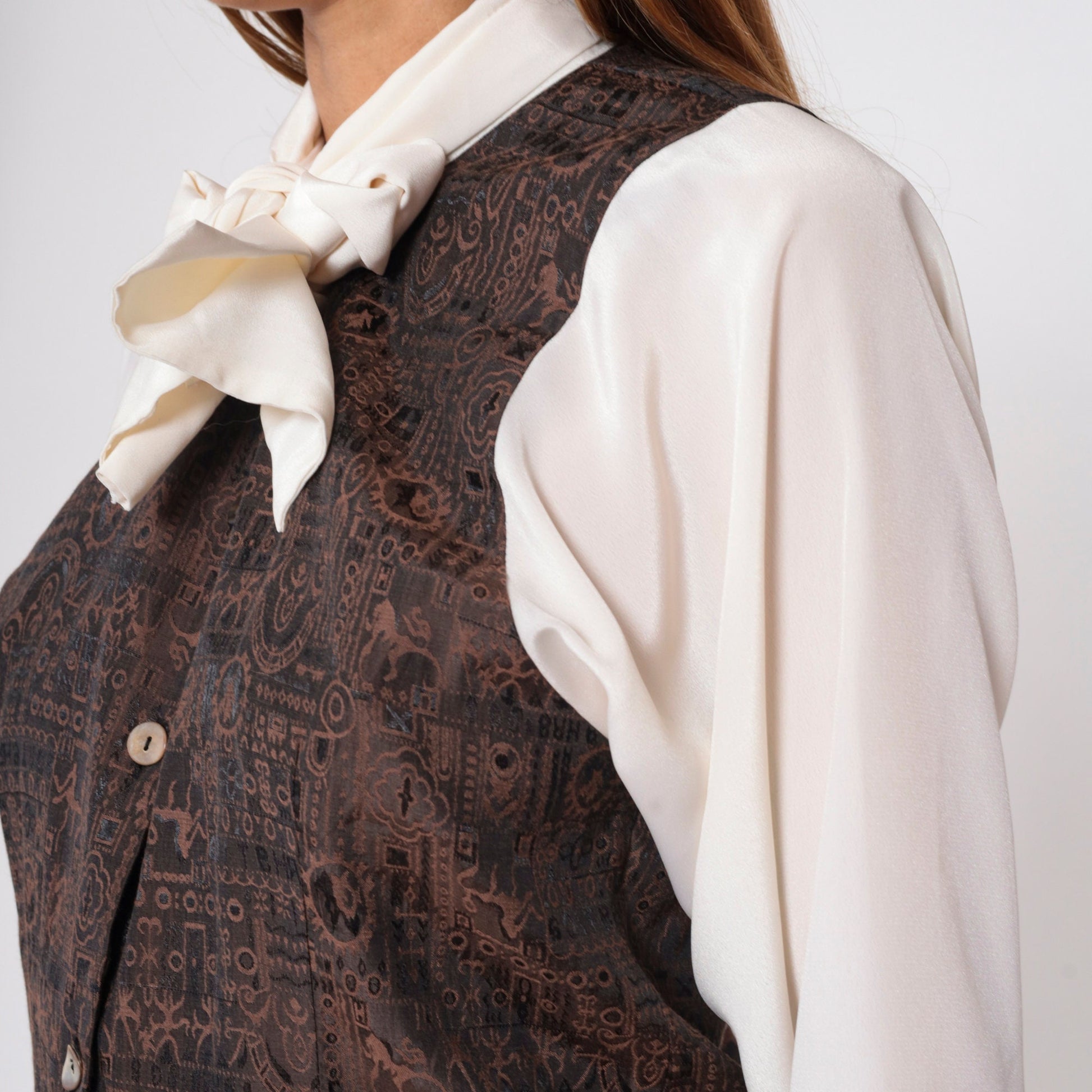 90s Off-White Button-Up Blouse with Attached Brown Vest and Necktie Medium
