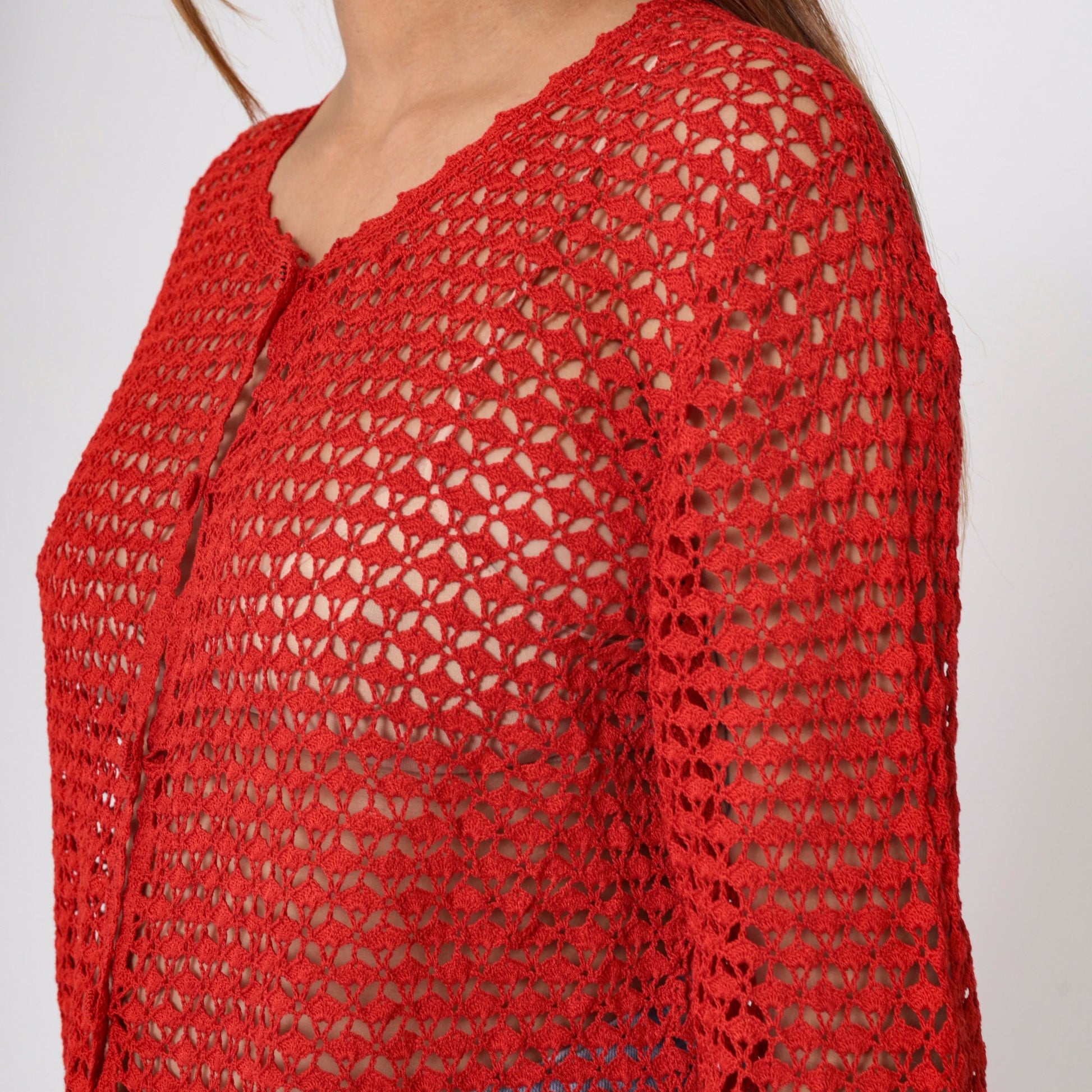90s Red Crochet Cardigan Floral Cutout Button-Up Sweater Large L