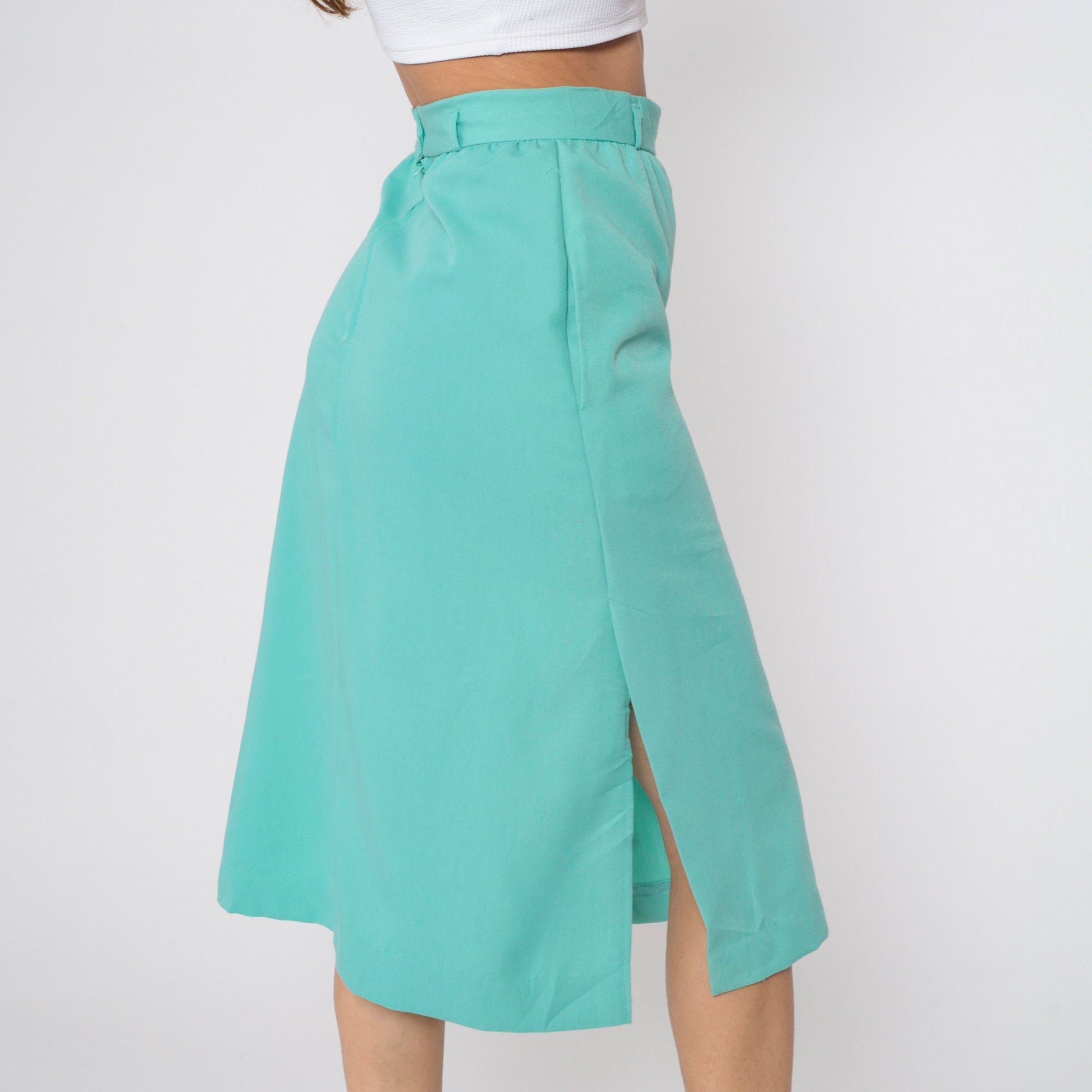 80s Seafoam Midi Pencil Skirt High Waist Side Slit Small