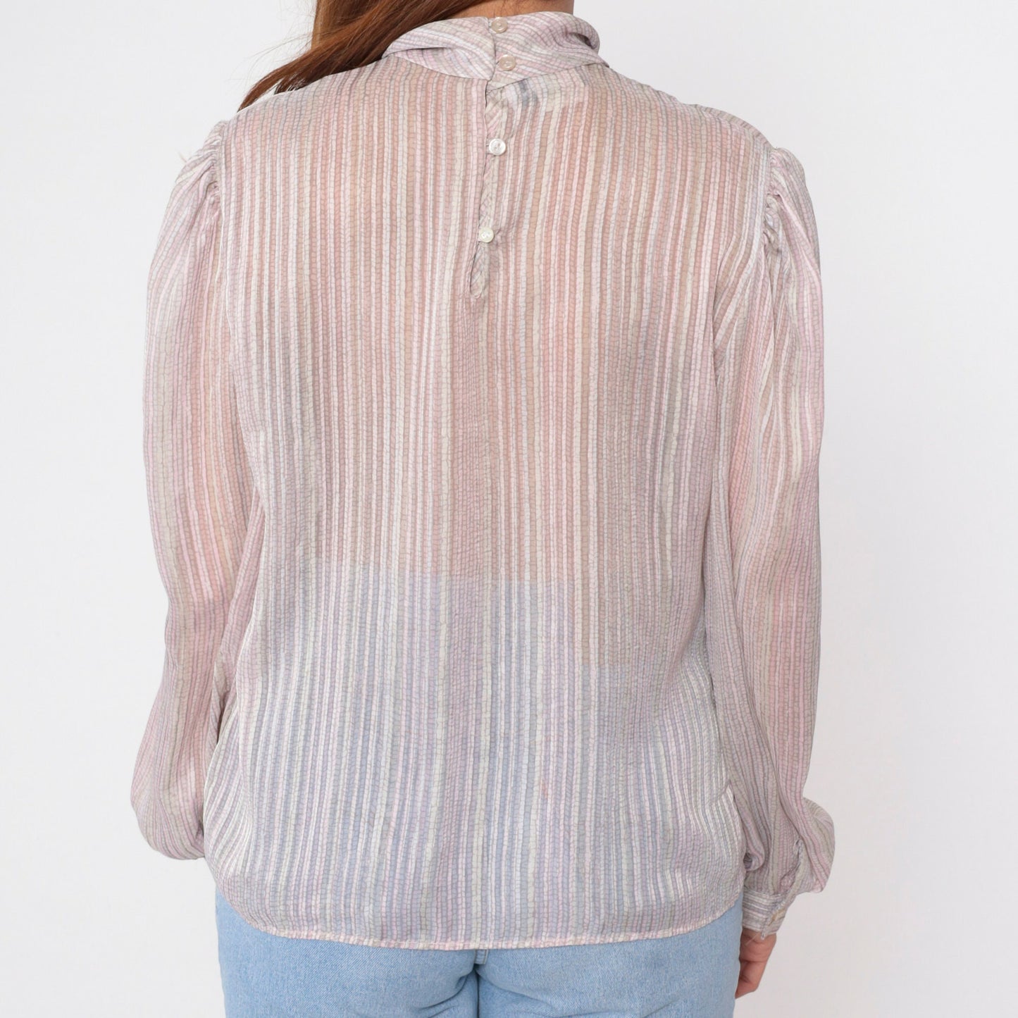 80s Sheer Striped Cowl Neck Blouse Puff Sleeve Button Back Grey Pink Medium