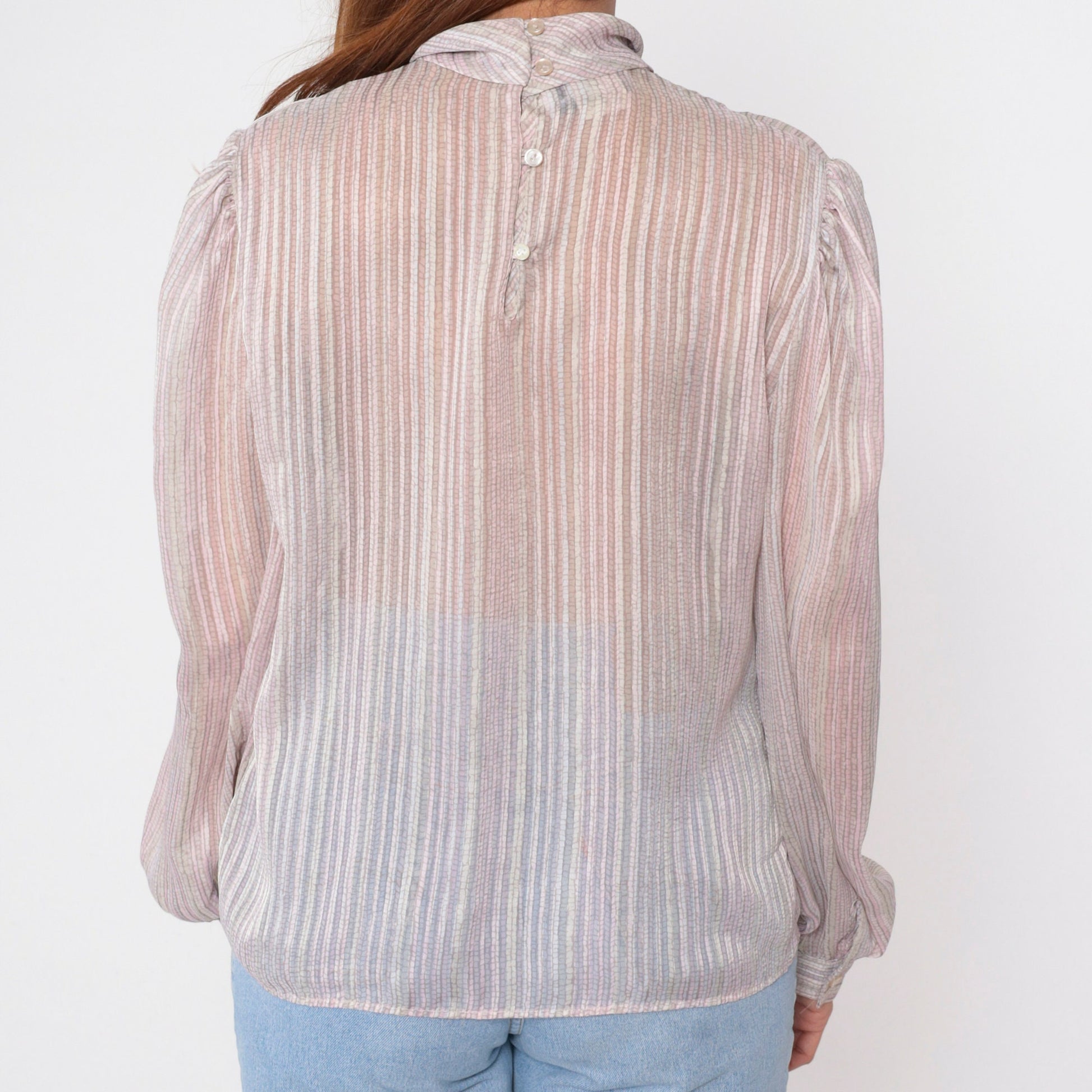 80s Sheer Striped Cowl Neck Blouse Puff Sleeve Button Back Grey Pink Medium