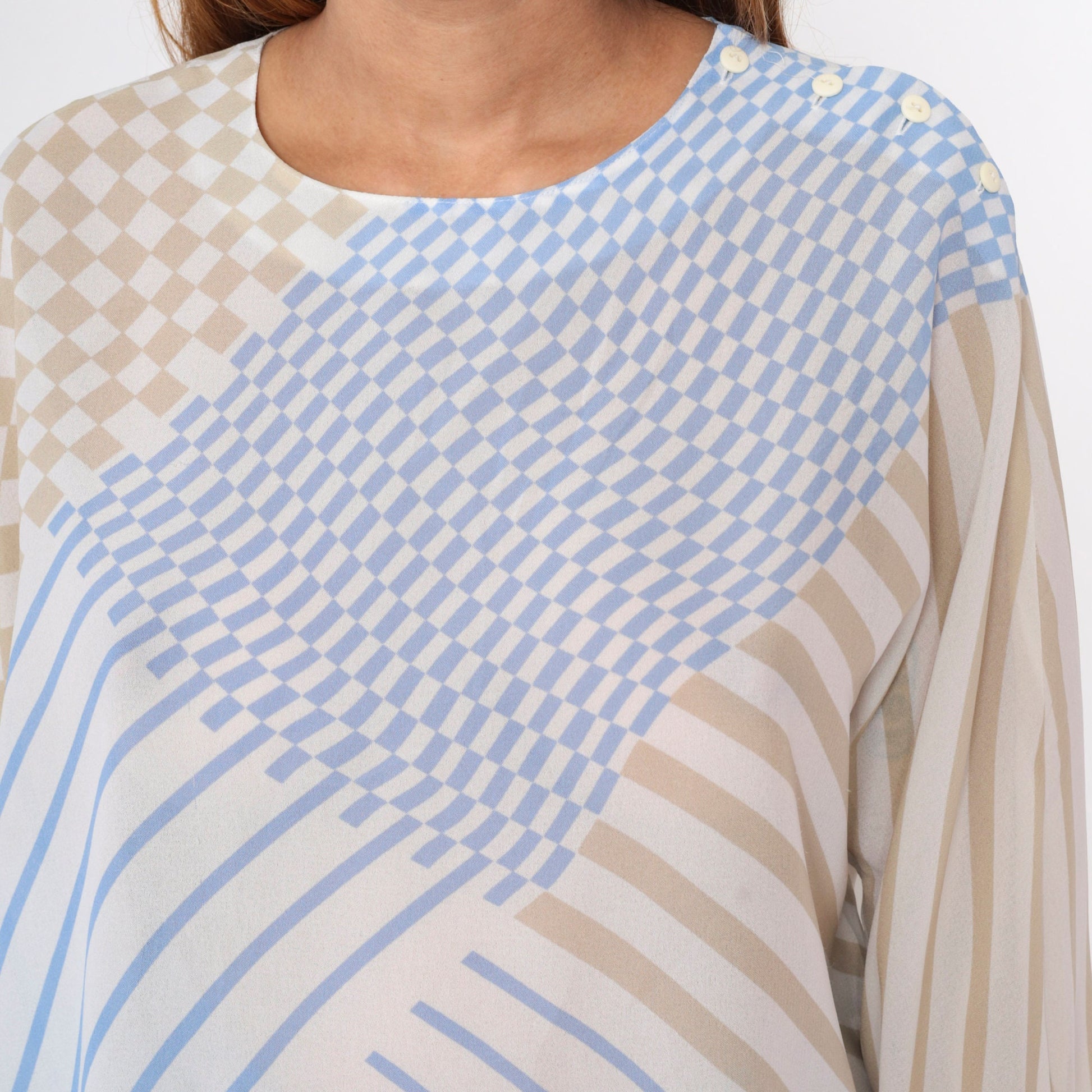 80s Frankenwalder Sheer Checkered Striped Blouse Long Sleeve Button Shoulder Blue White Taupe Extra Large