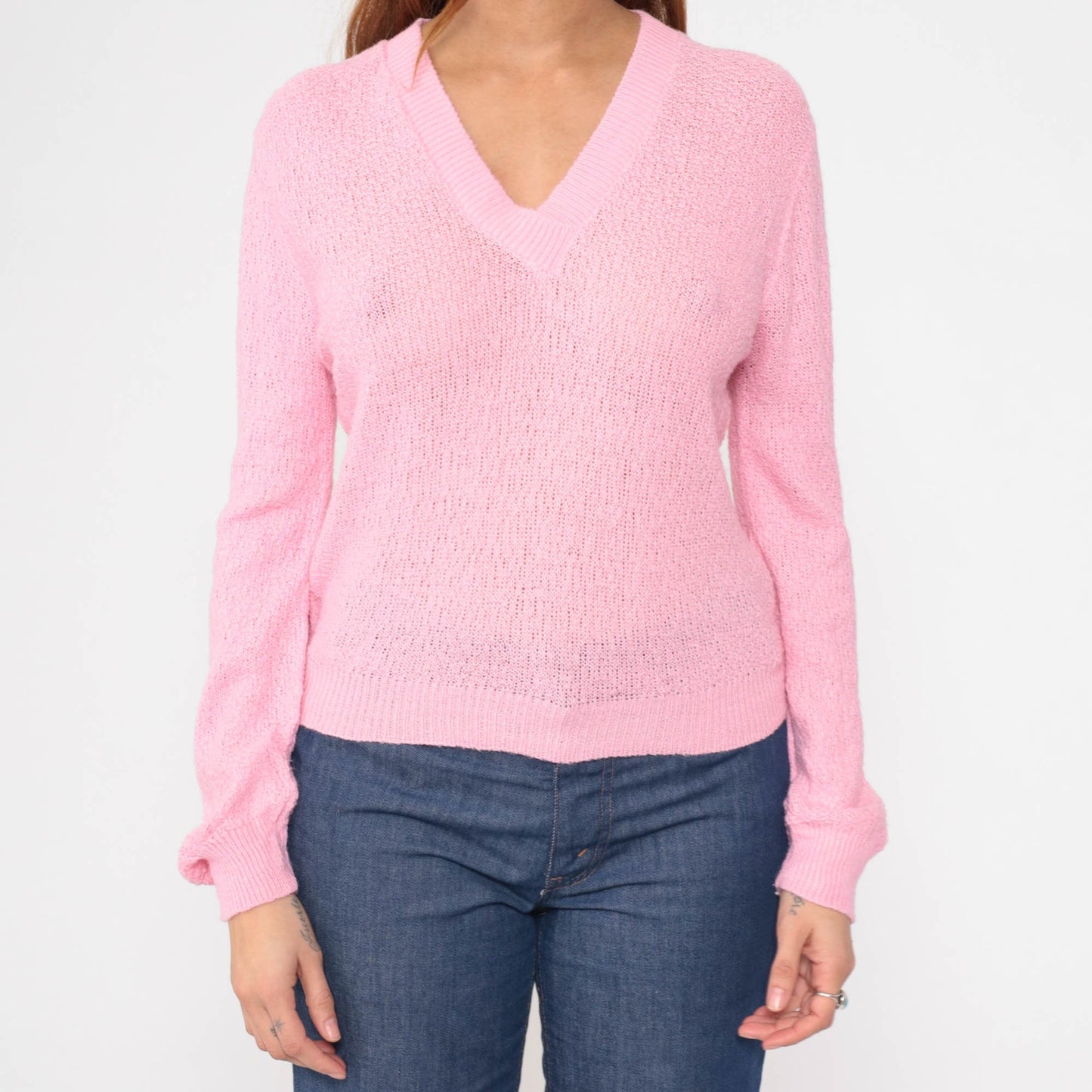 80s Bel Ami Pink V-Neck Knit Sweater Semi-Sheer Pullover Small