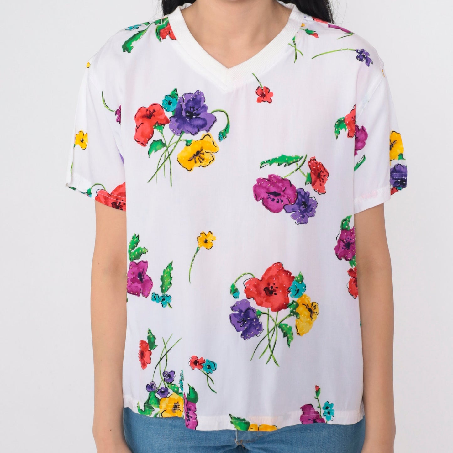 90s Carole Little Floral Beaded V-Neck T-Shirt White Graphic Tee Small S