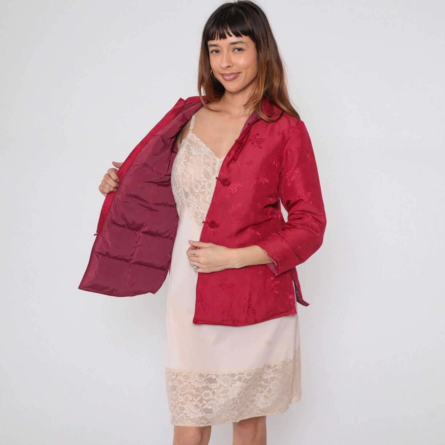 80s Red Floral Asian-Inspired Jacket Quilted Down-Fill Knot Buttons Small