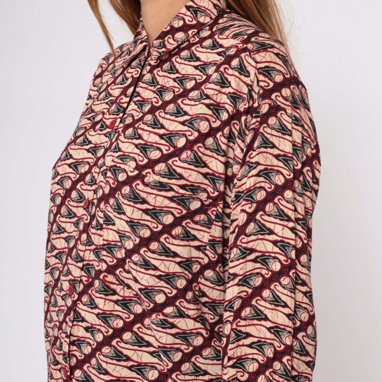 90s Geometric Abstract Button Up Blouse Red Tan Patterned Medium