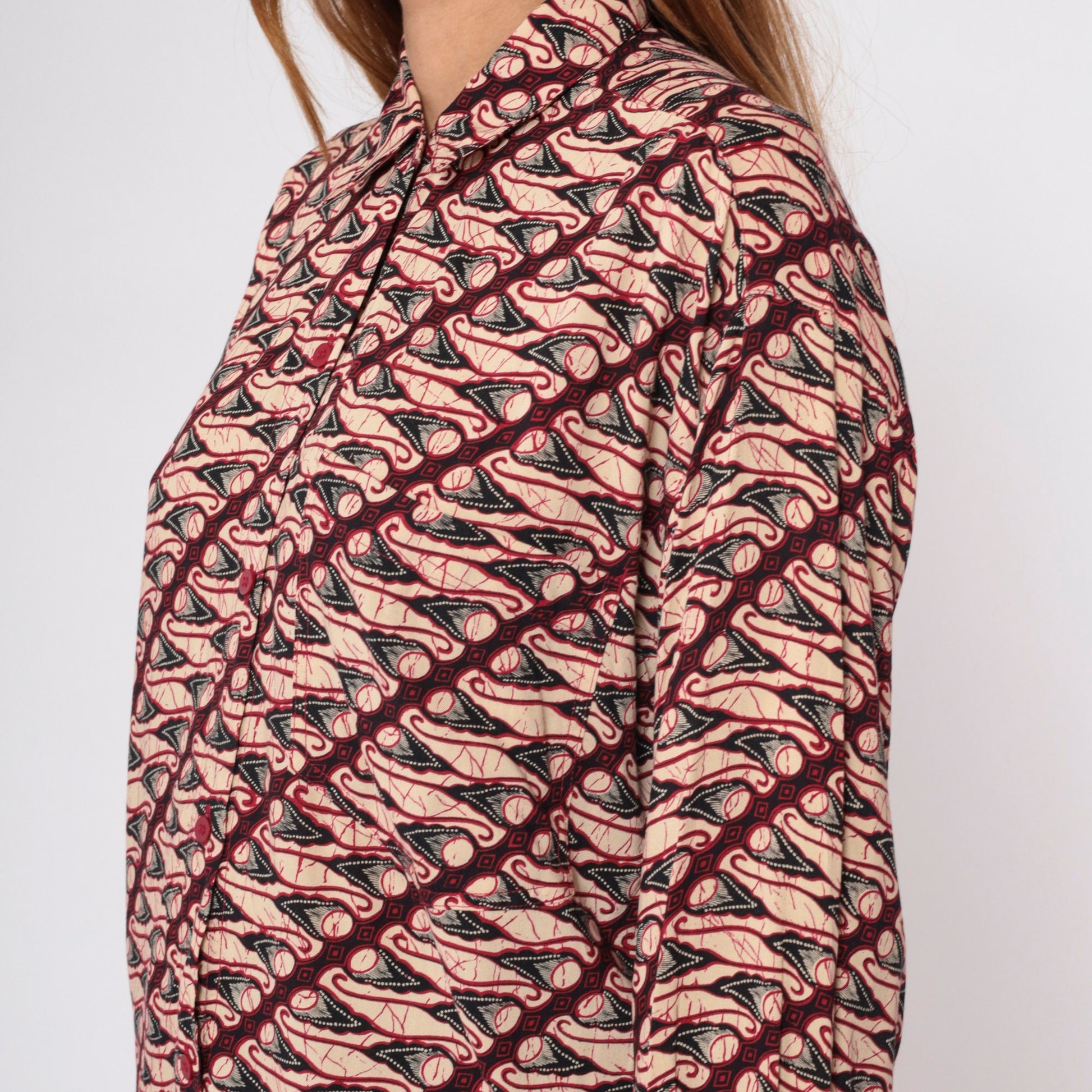 90s Geometric Abstract Button Up Blouse Red Tan Patterned Medium