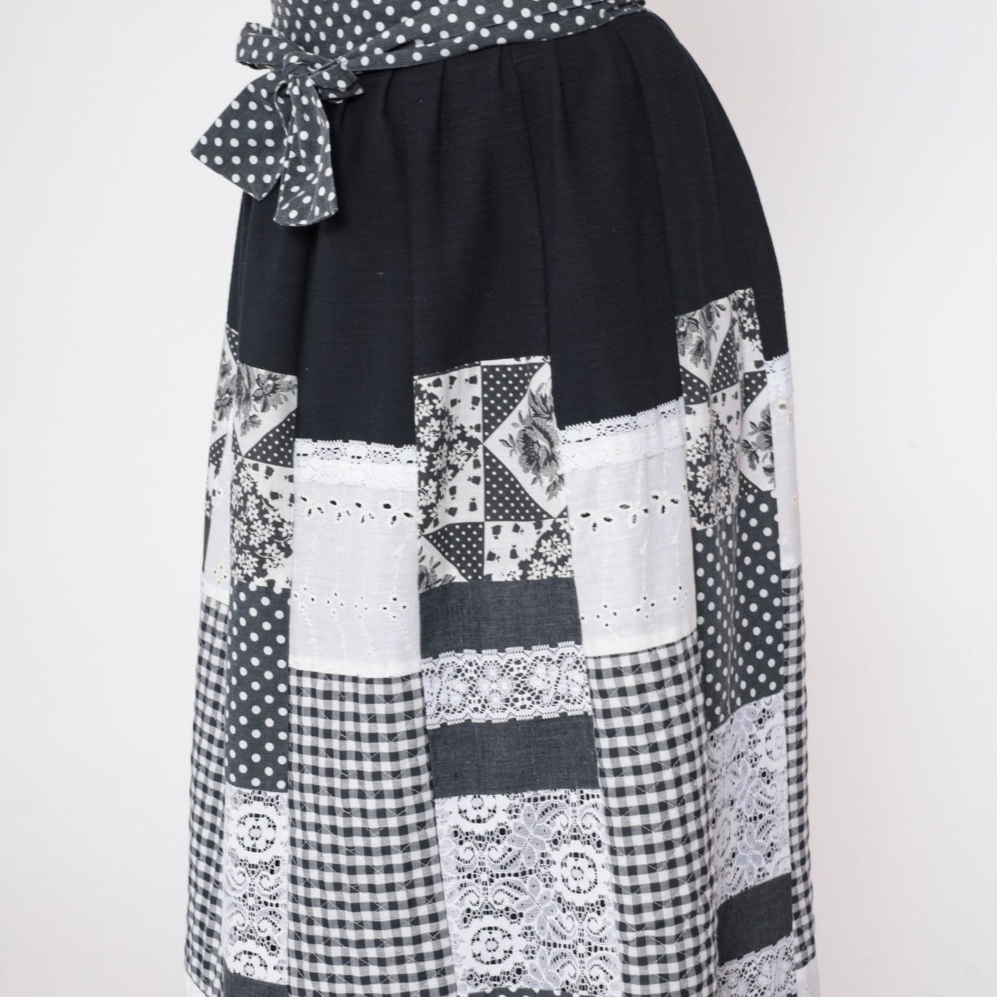 70s Patchwork Wrap Skirt Black White Maxi Eyelet Lace Gingham Polka Dot Medium Large