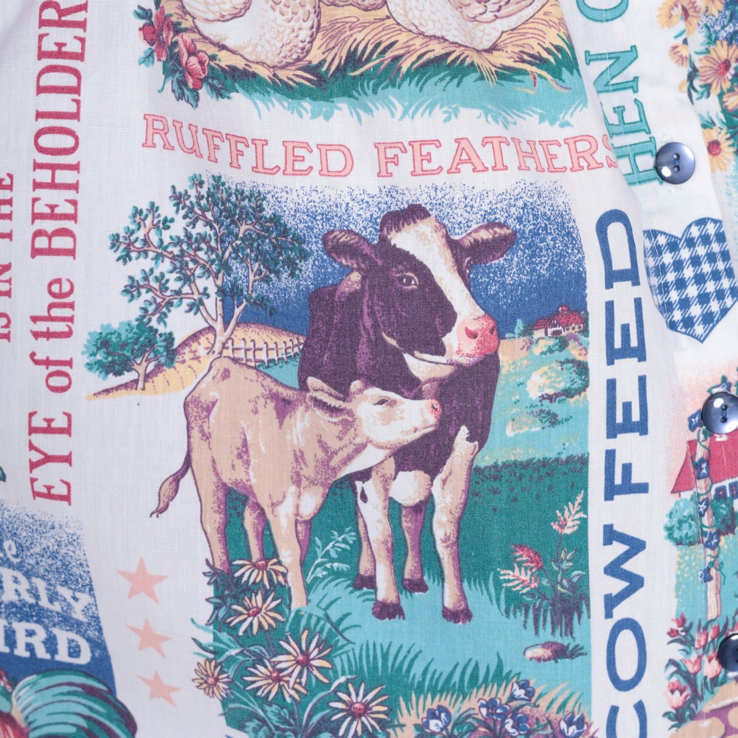 90s Farm Animal Print Button Up Blouse Cow Duck Bunny Chicken Sheep Medium